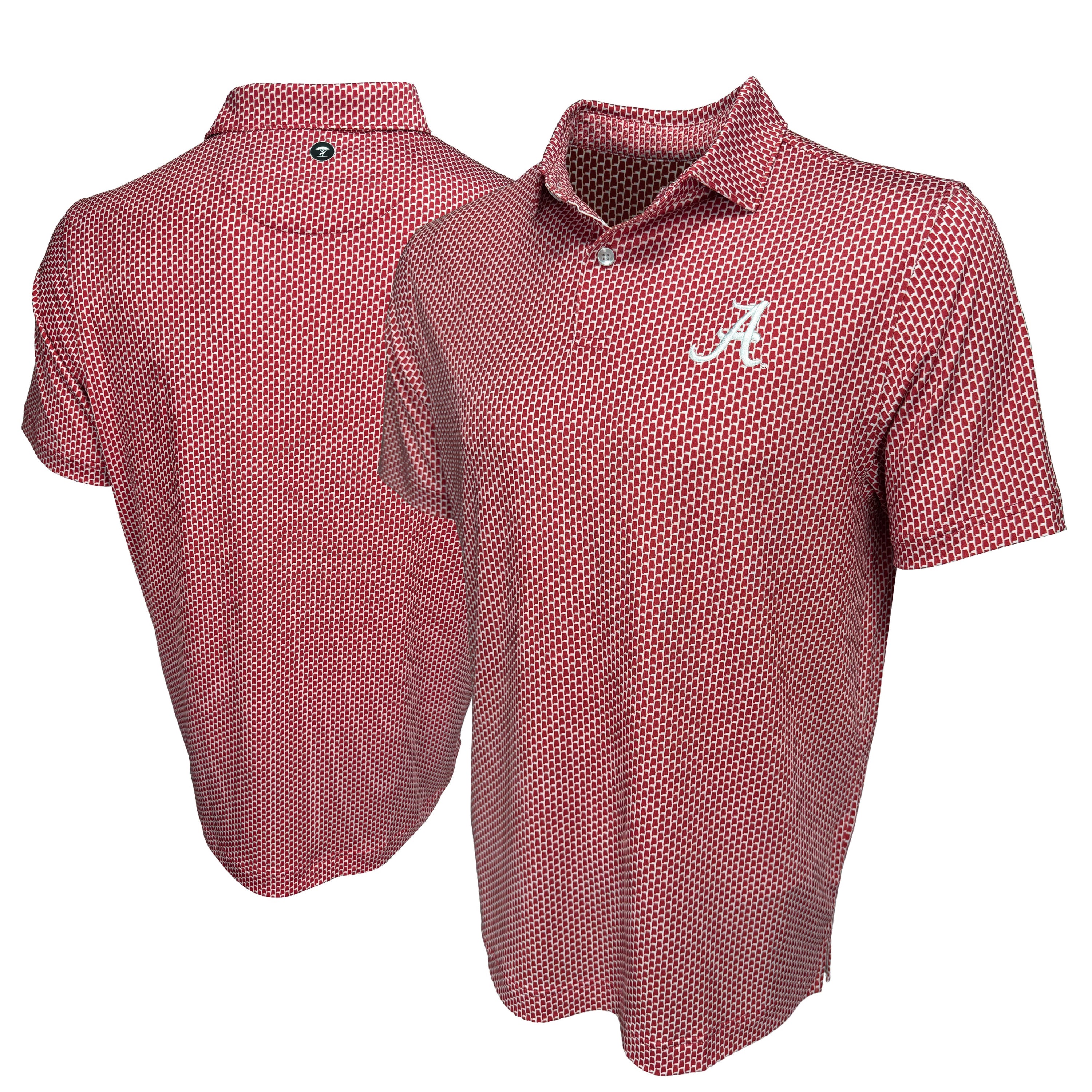 Red patterned polo shirt with a logo on the chest, shown from front and back views.