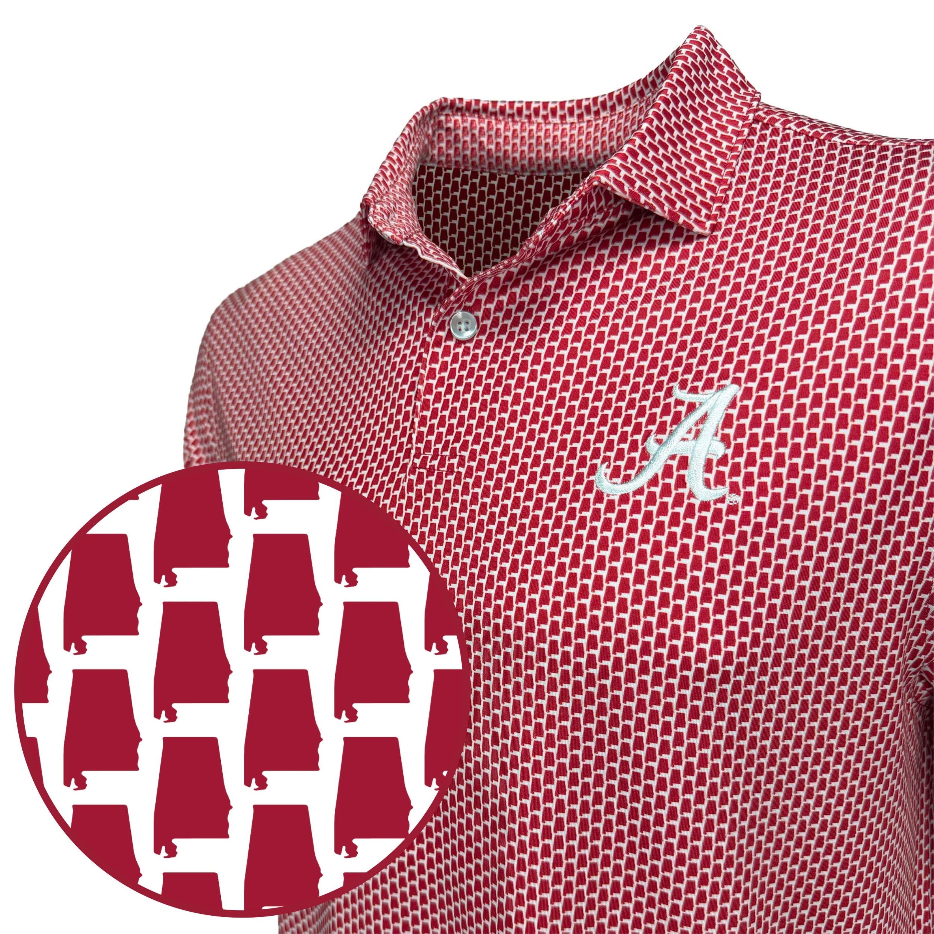 Red and white patterned shirt with a logo, close-up of logo.