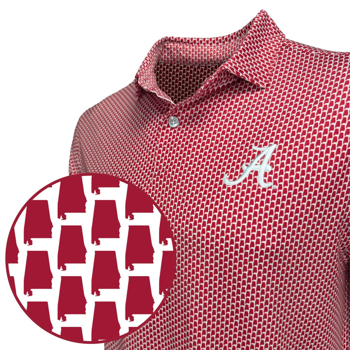 Red and white patterned shirt with a logo, close-up of logo.
