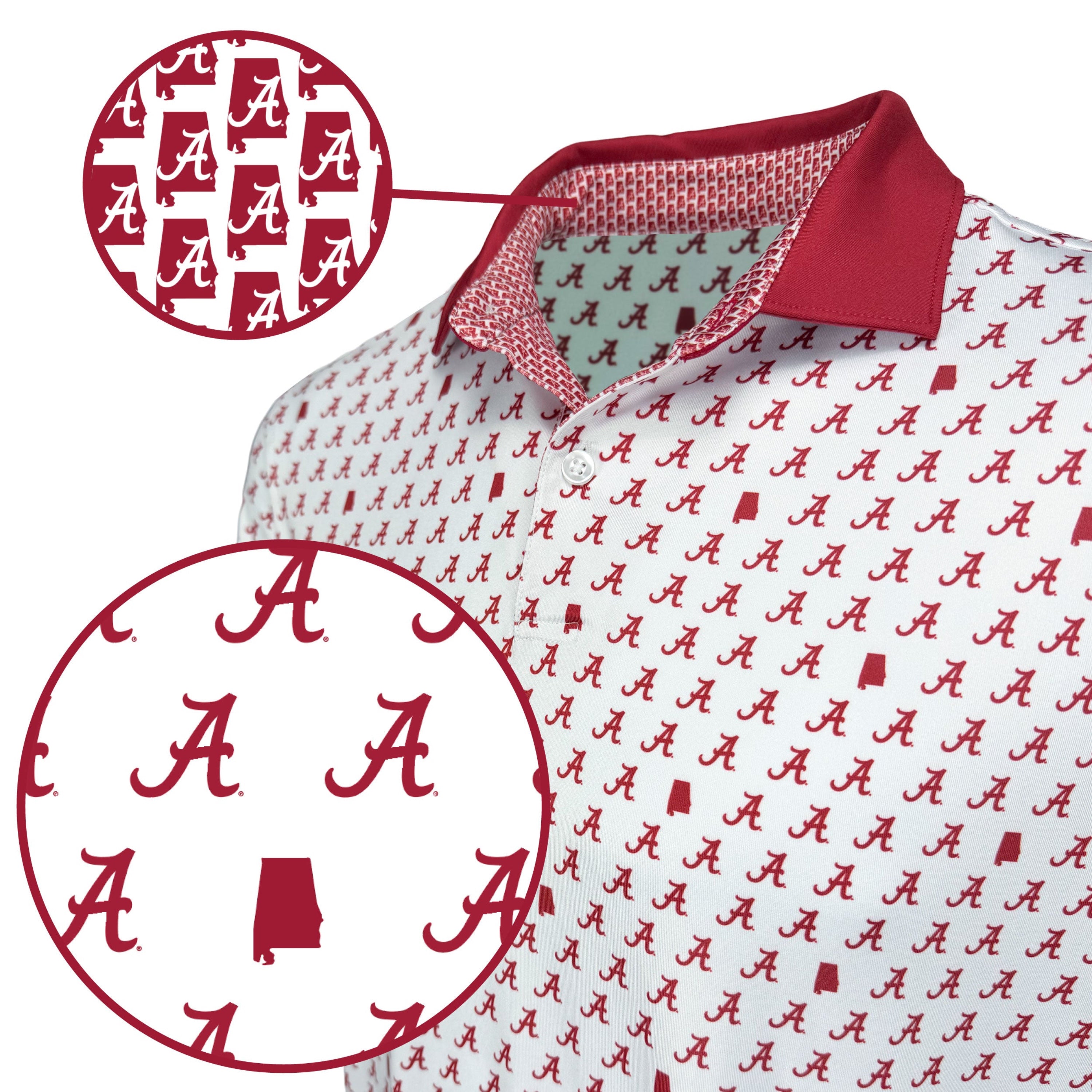 A close-up of a white polo shirt with a repeating red Alabama 'A' script pattern, featuring a red collar and a red-and-white knit inner placket. Two circular inset callouts highlight the repeating logo pattern.