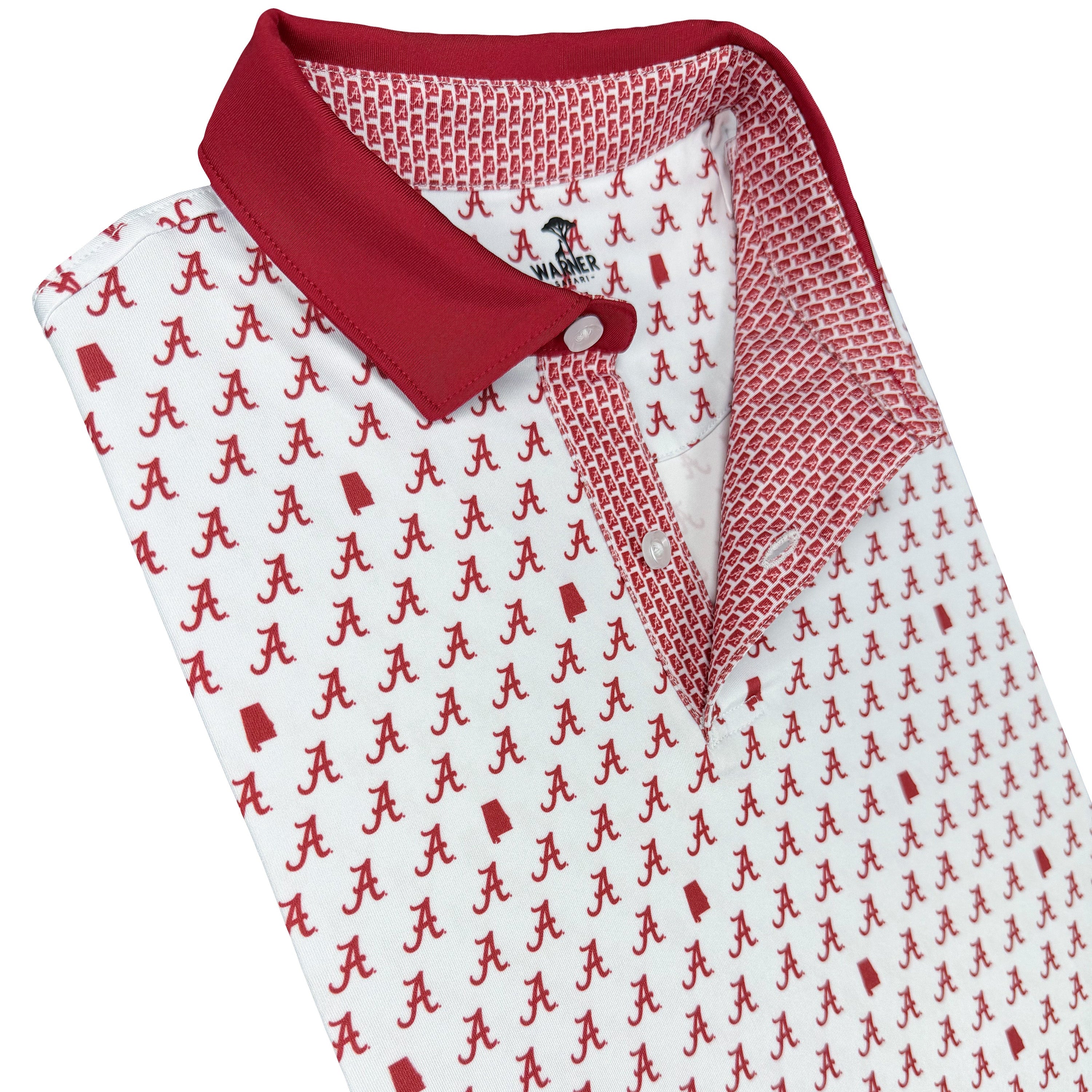 Red and white patterned shirt with collar on a white background