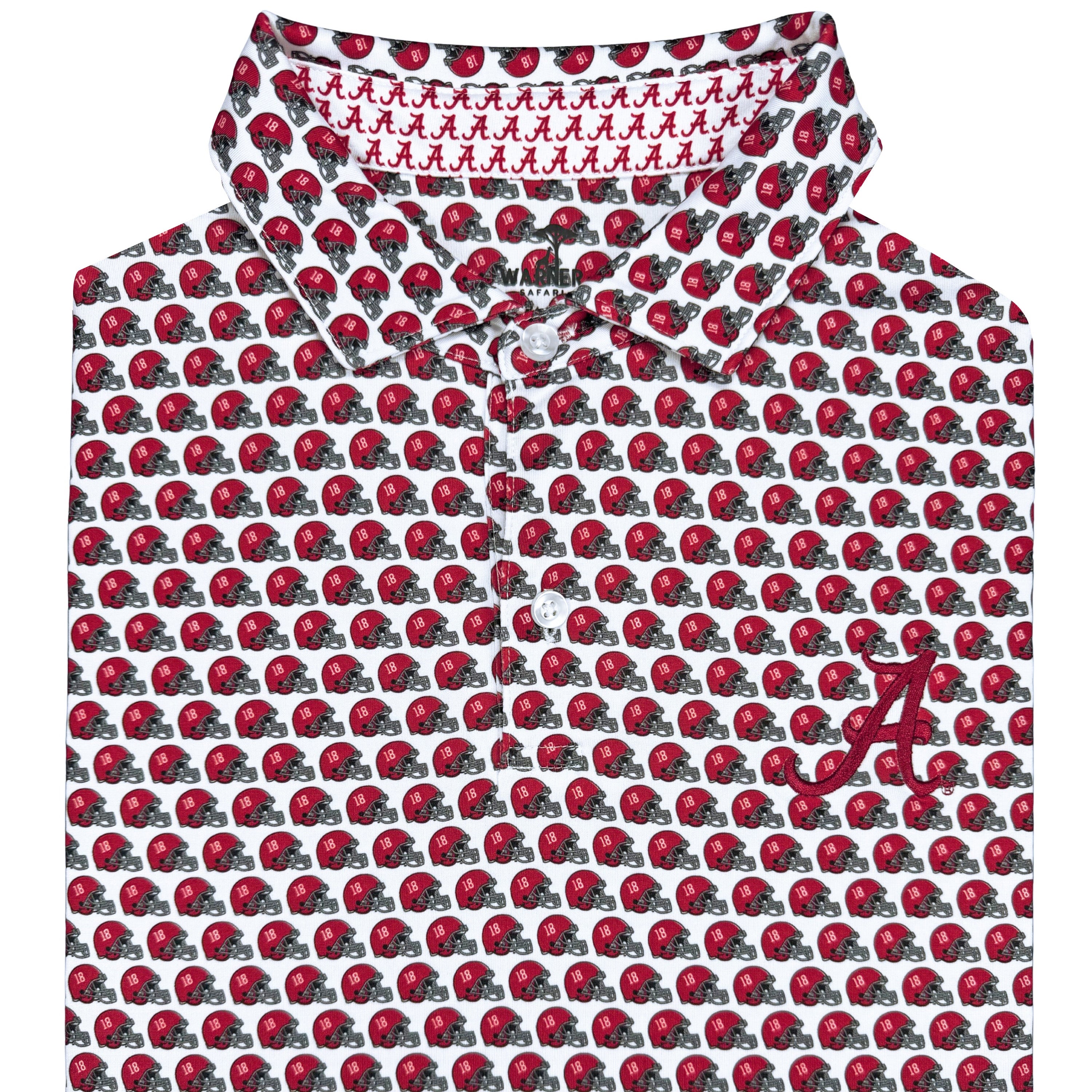 Red and white patterned shirt with logo on a white background