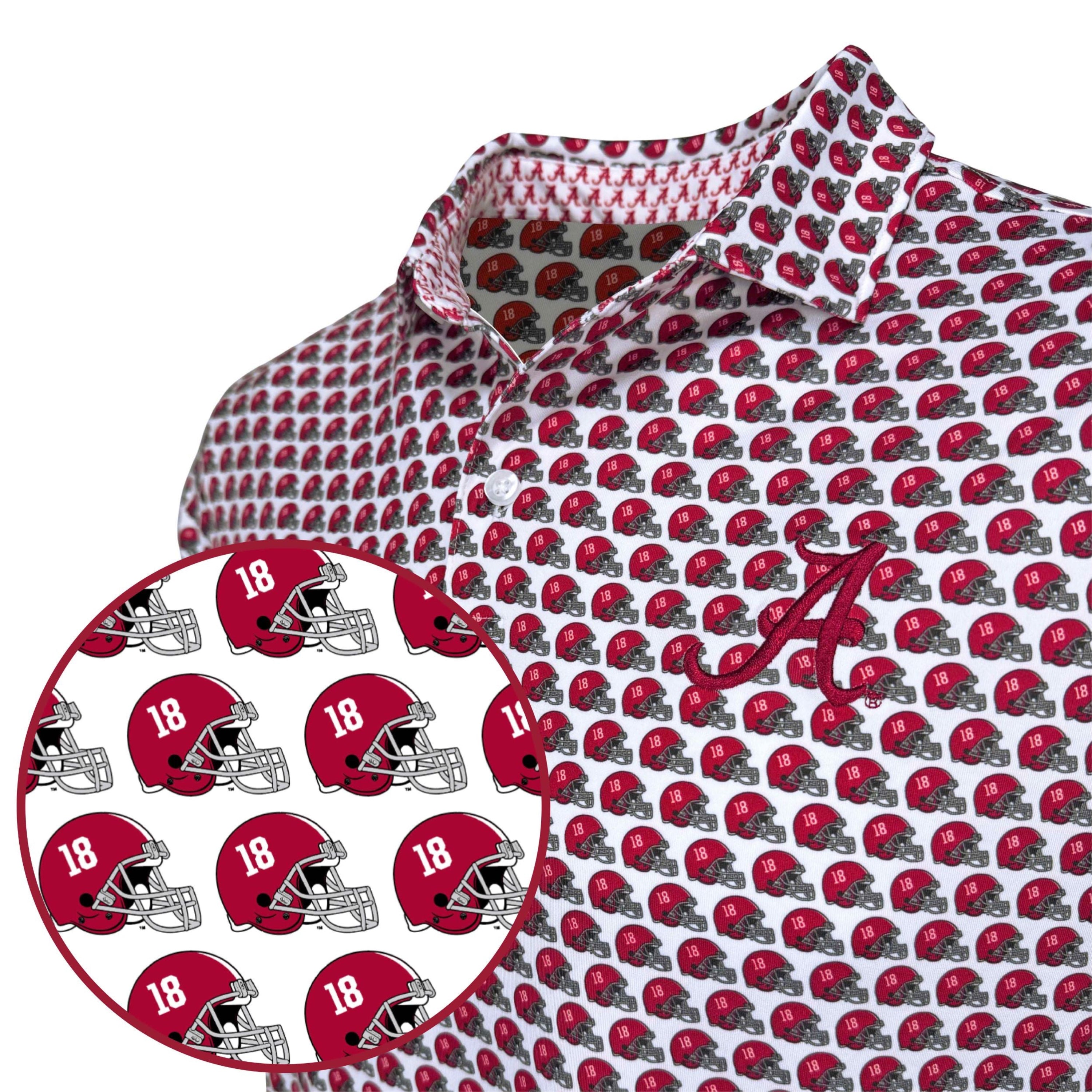 Patterned fabric with red football helmets and numbers on a white background