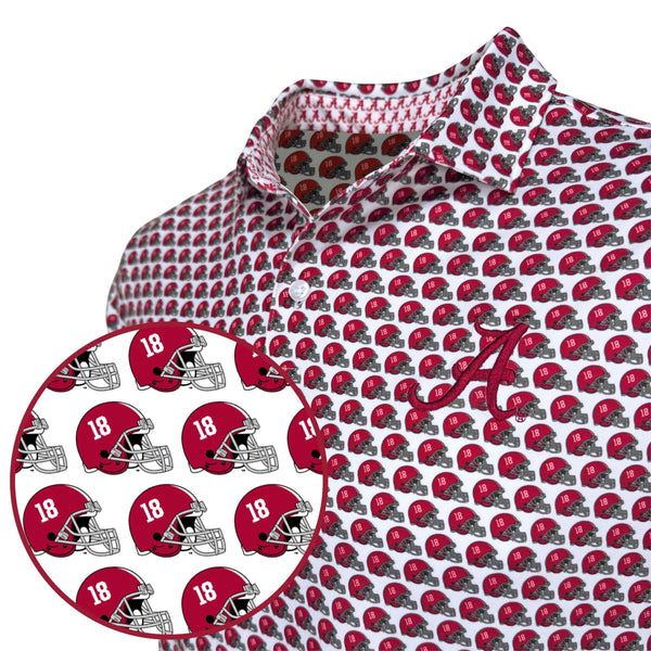 Patterned fabric with red football helmets and numbers on a white background