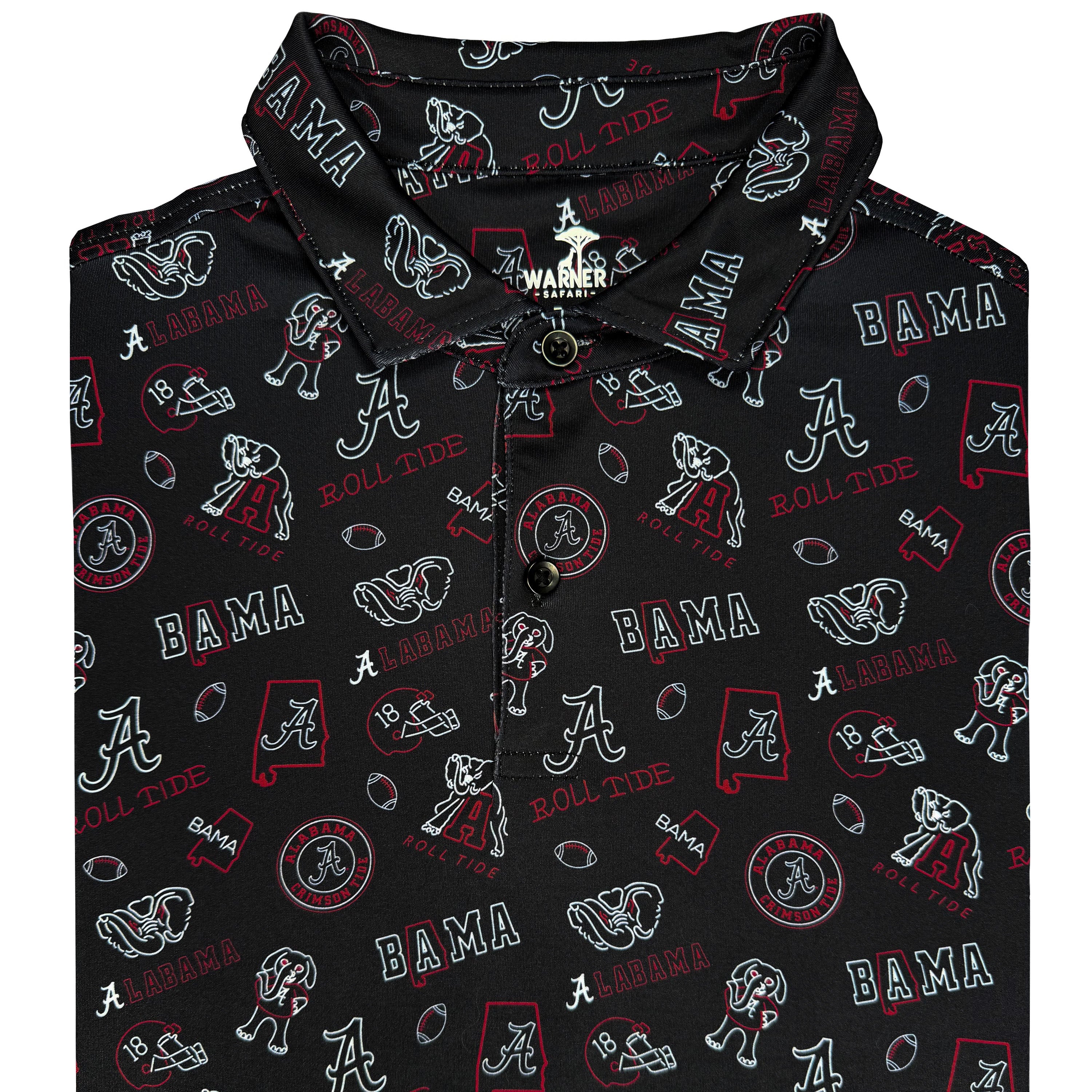 Black shirt with Alabama Crimson Tide logos and text on a white background
