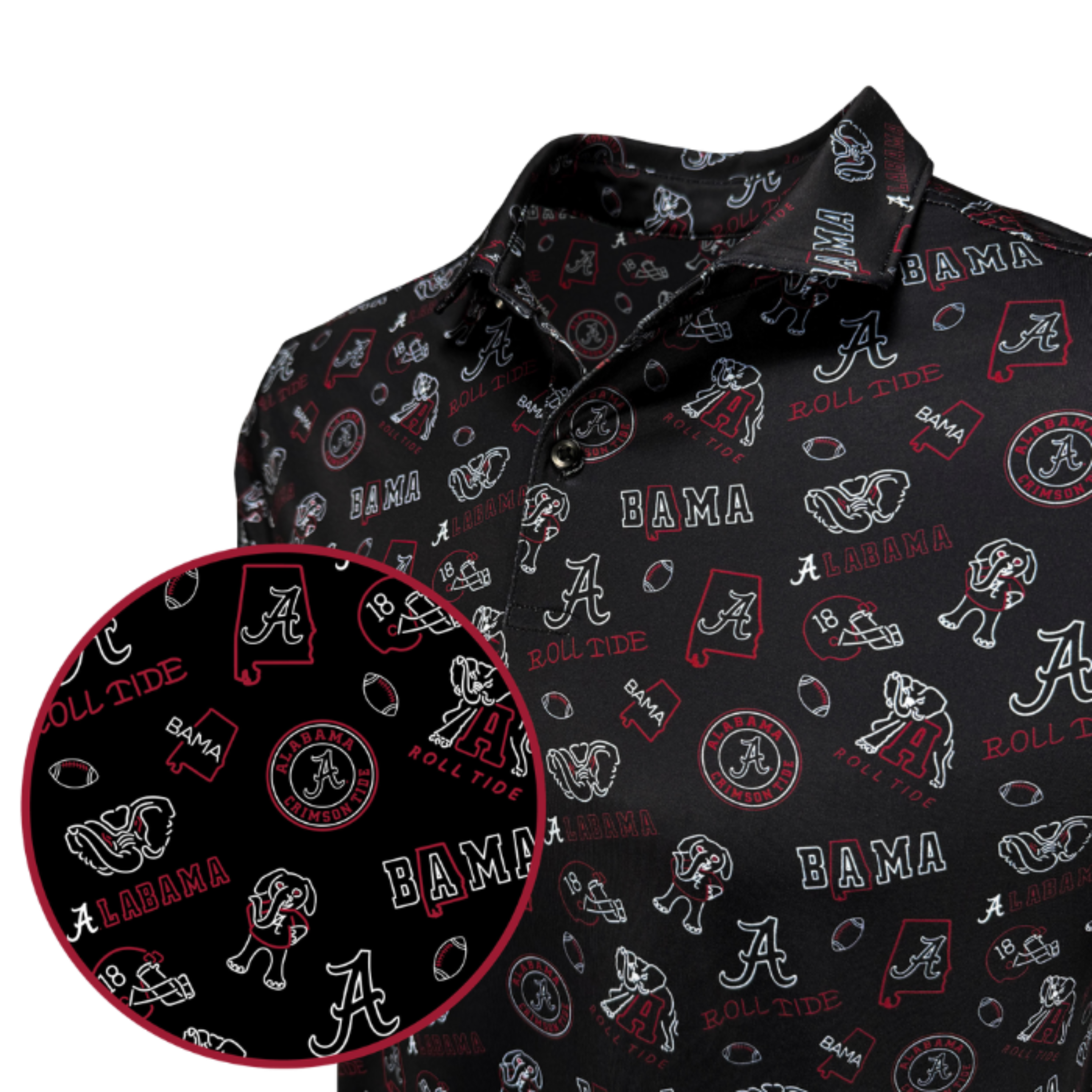 Black shirt with Alabama-themed pattern on a white background