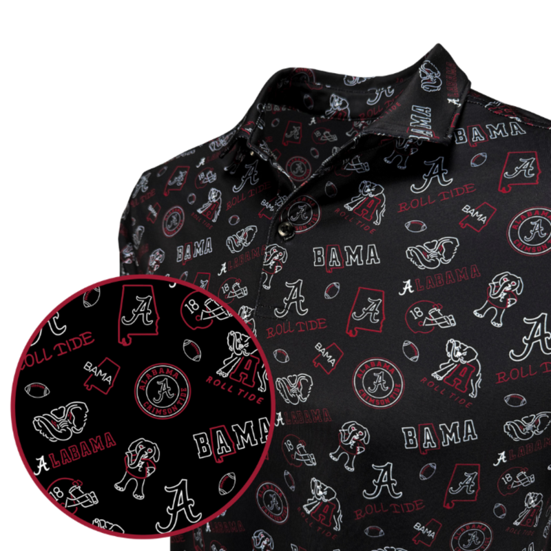 Black shirt with Alabama-themed pattern on a white background
