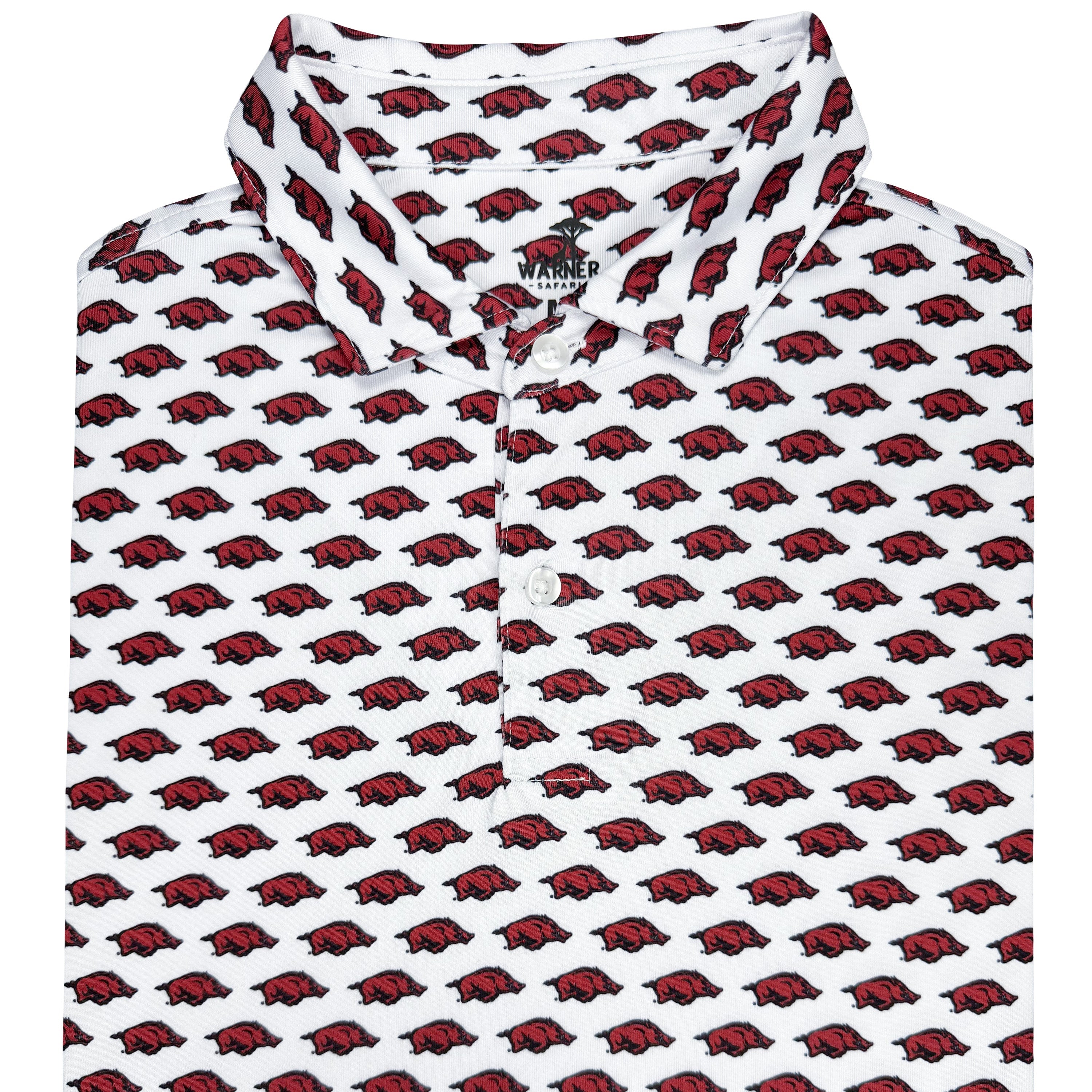 White shirt with red and black pattern on a white background