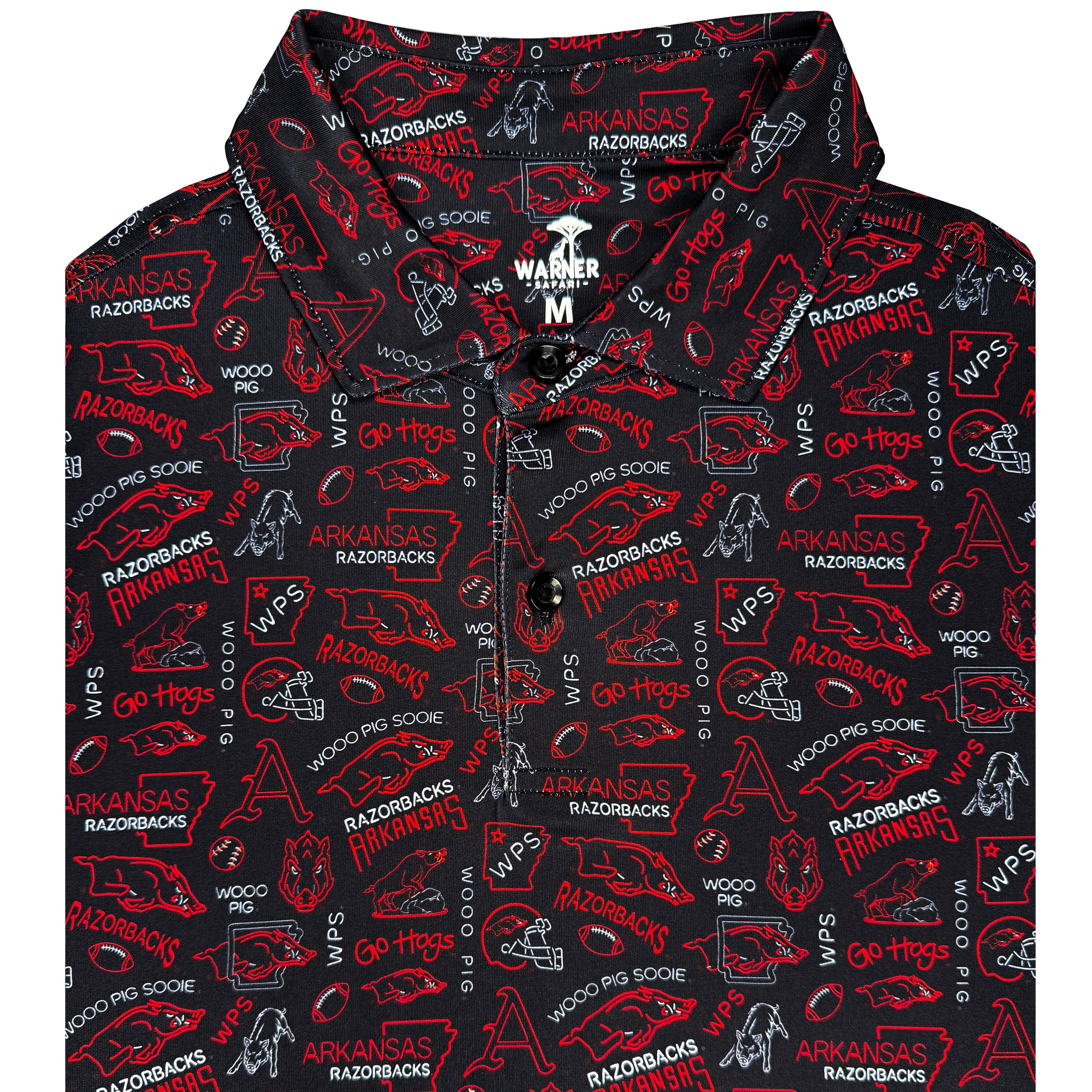 Polo with Arkansas Razorbacks logo and text on a black background