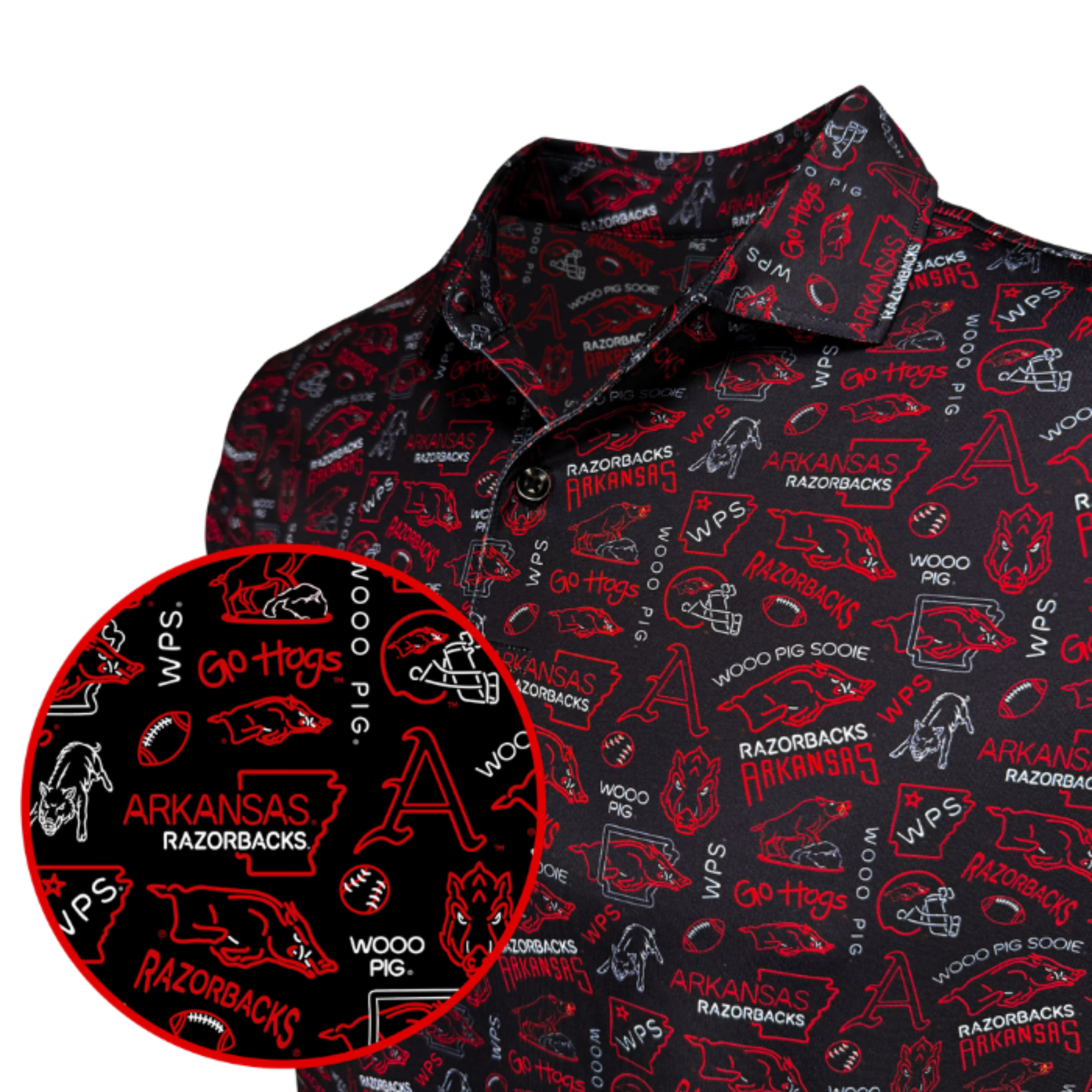 Collared shirt with an all-over Arkansas Razorbacks themed print on a black background, featuring red and white graphics, logos, and text. A circular inset zoom-in shows a detailed repeat of the pattern.
