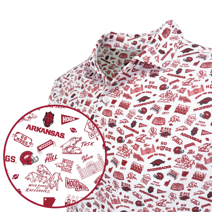 Polo with red and white pattern featuring Arkansas Razorbacks logos and text.