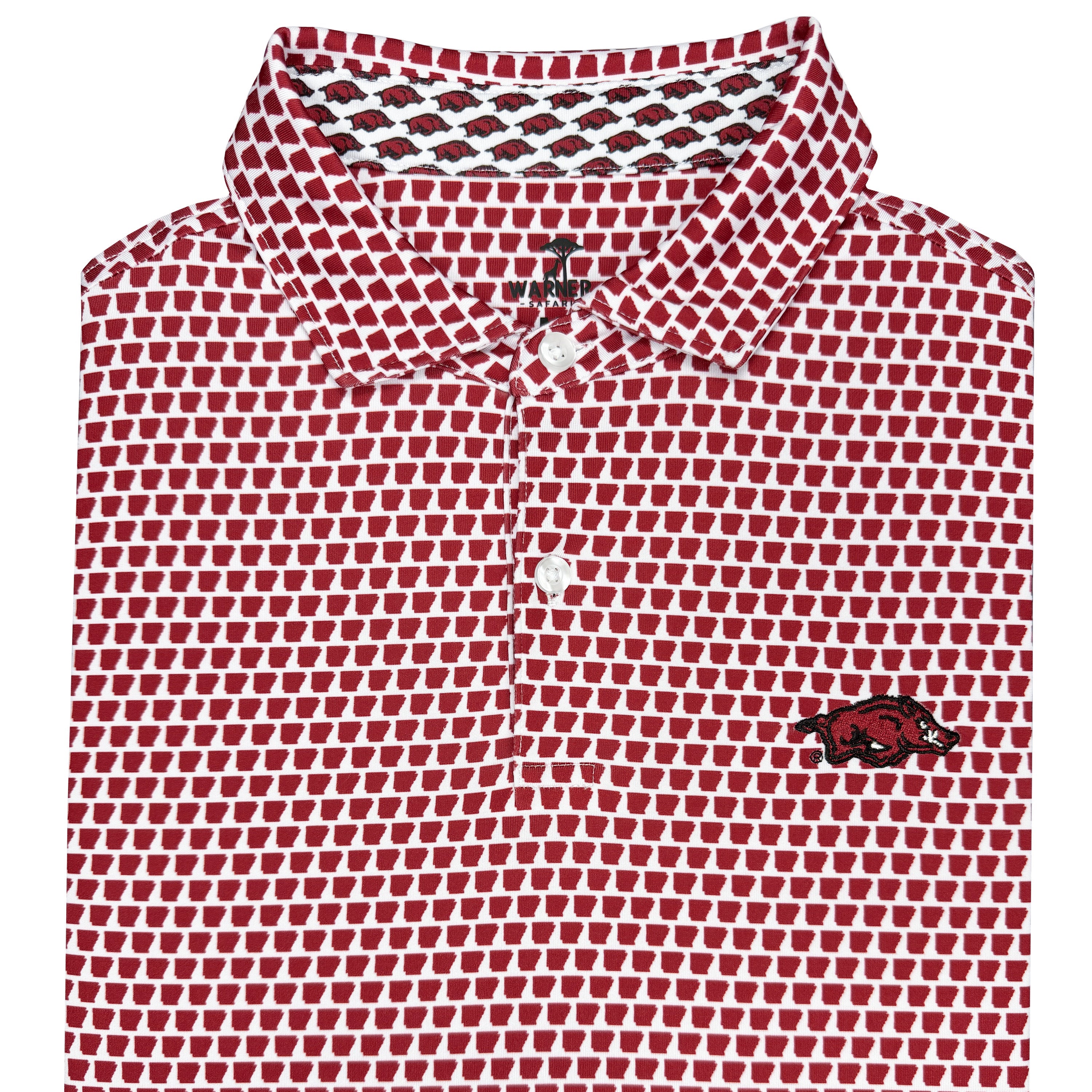 Red and white checkered polo shirt with a logo on a white background