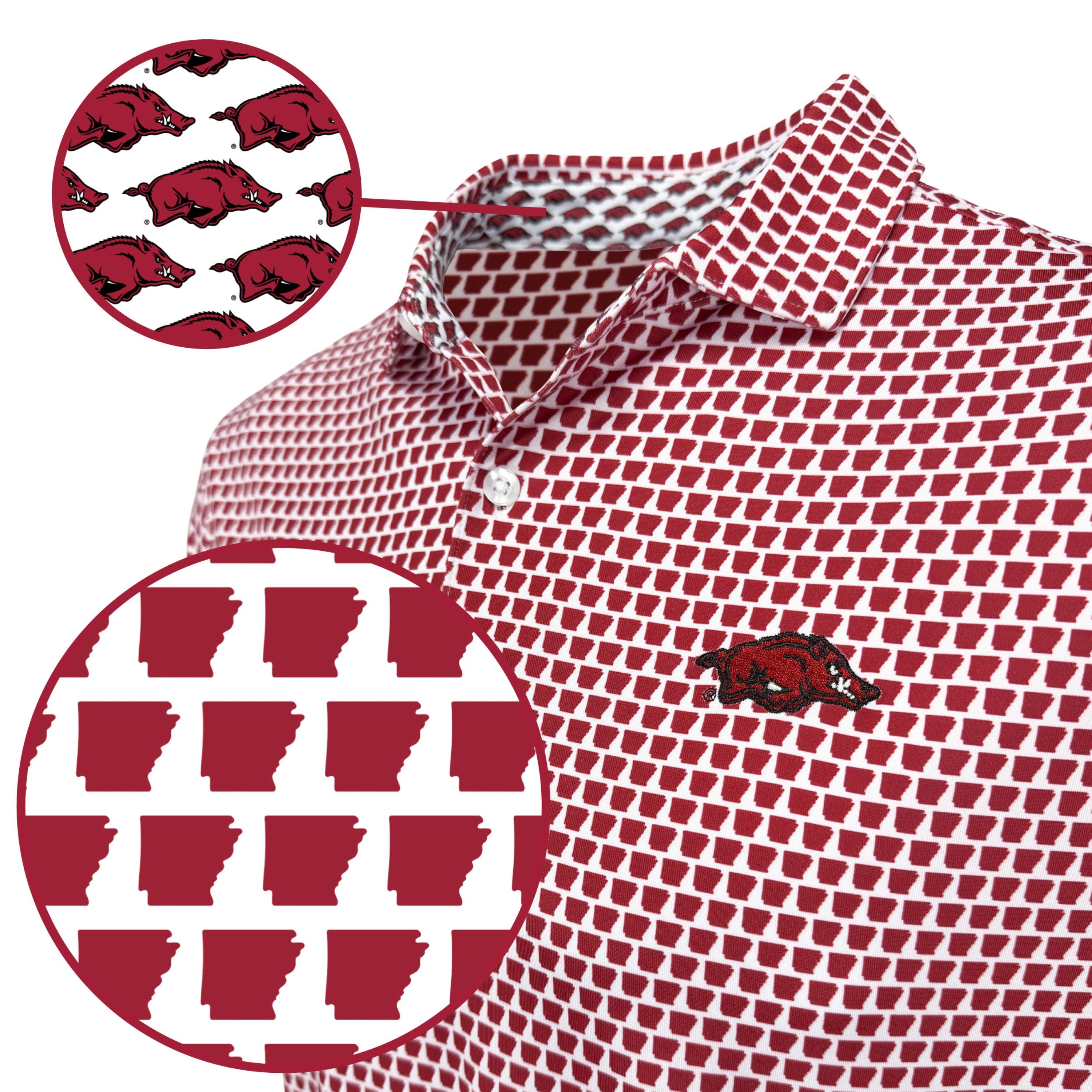 A close-up of a red and white patterned polo shirt with a small Arkansas Razorbacks logo on the chest. Two circular inset callouts show the fabric pattern: one with repeated razorback logos and one with Arkansas state silhouettes.