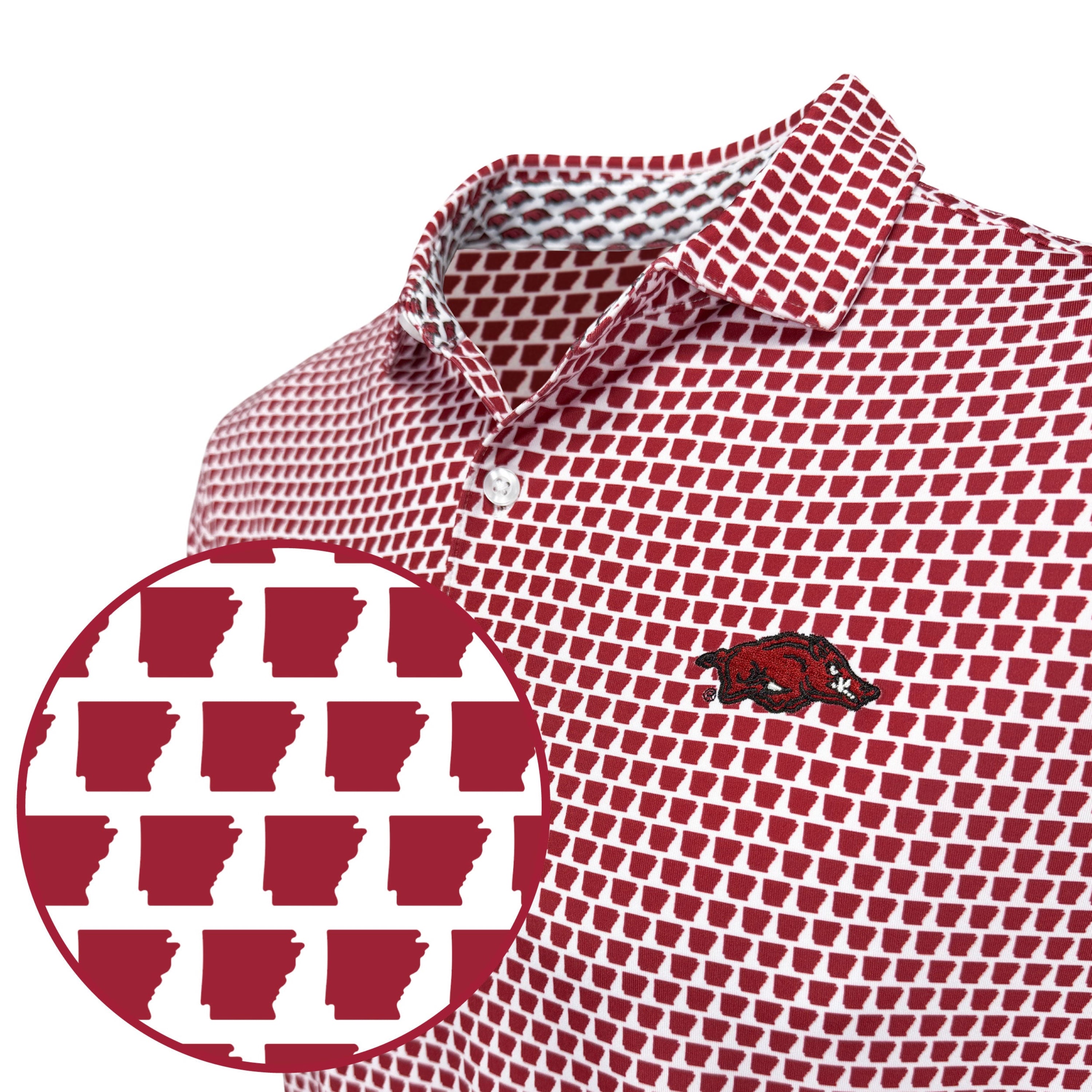 Red and white polo shirt with a logo.