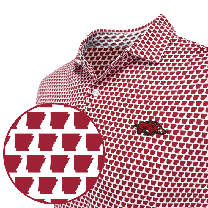 Red and white polo shirt with a logo.