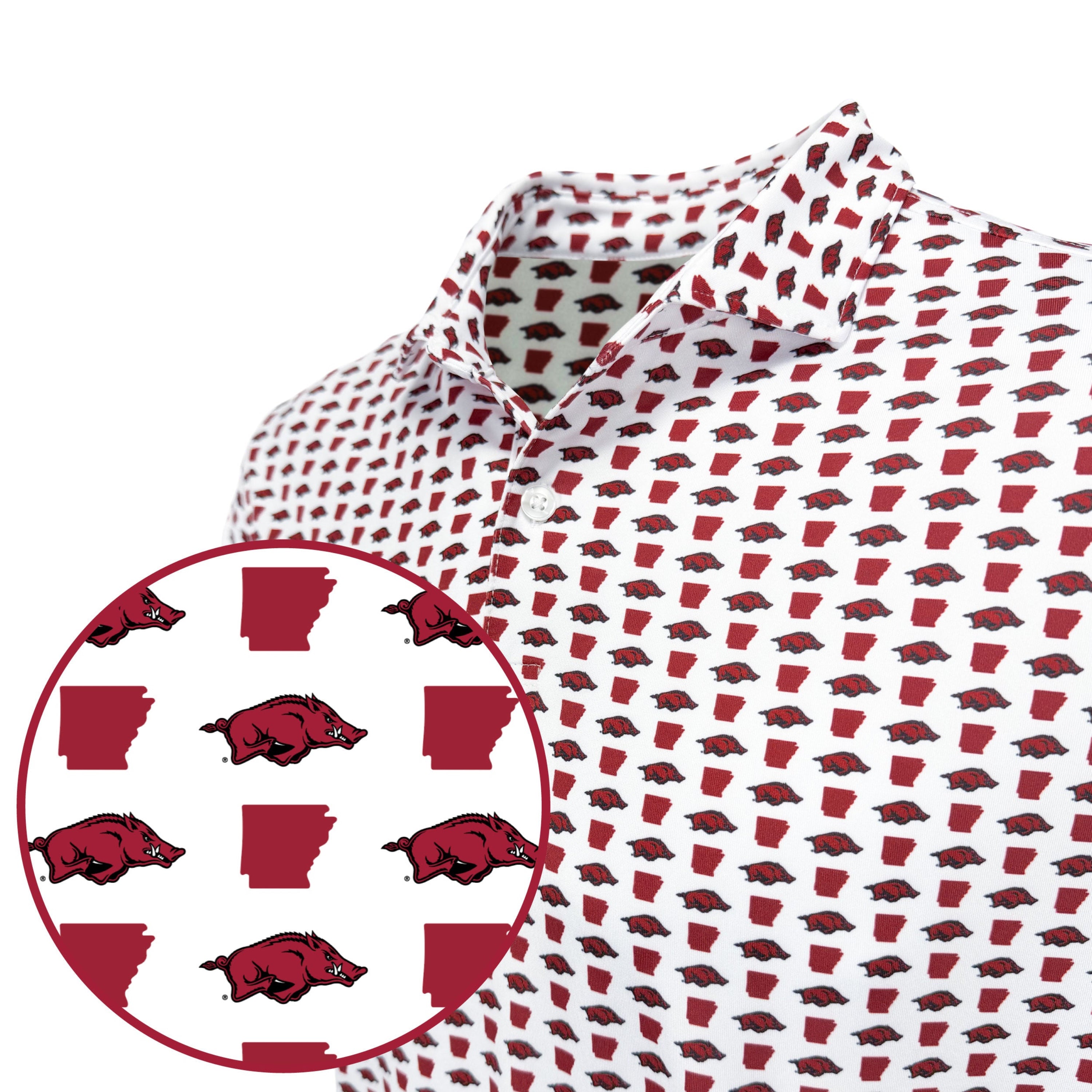Shirt with red and white pattern featuring a logo, close-up inset of pattern.