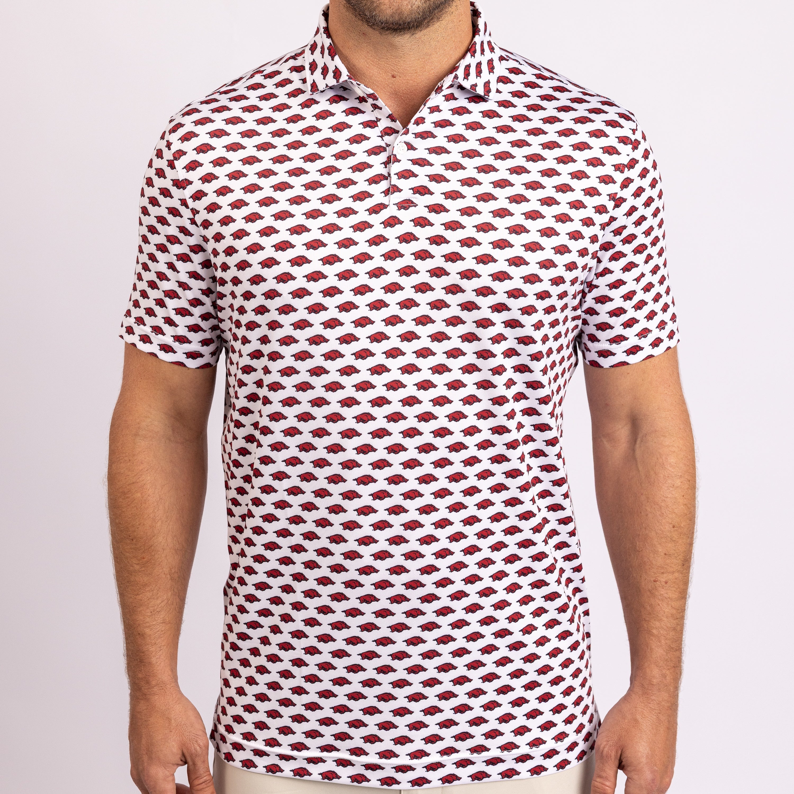 UARK polo with red and white design