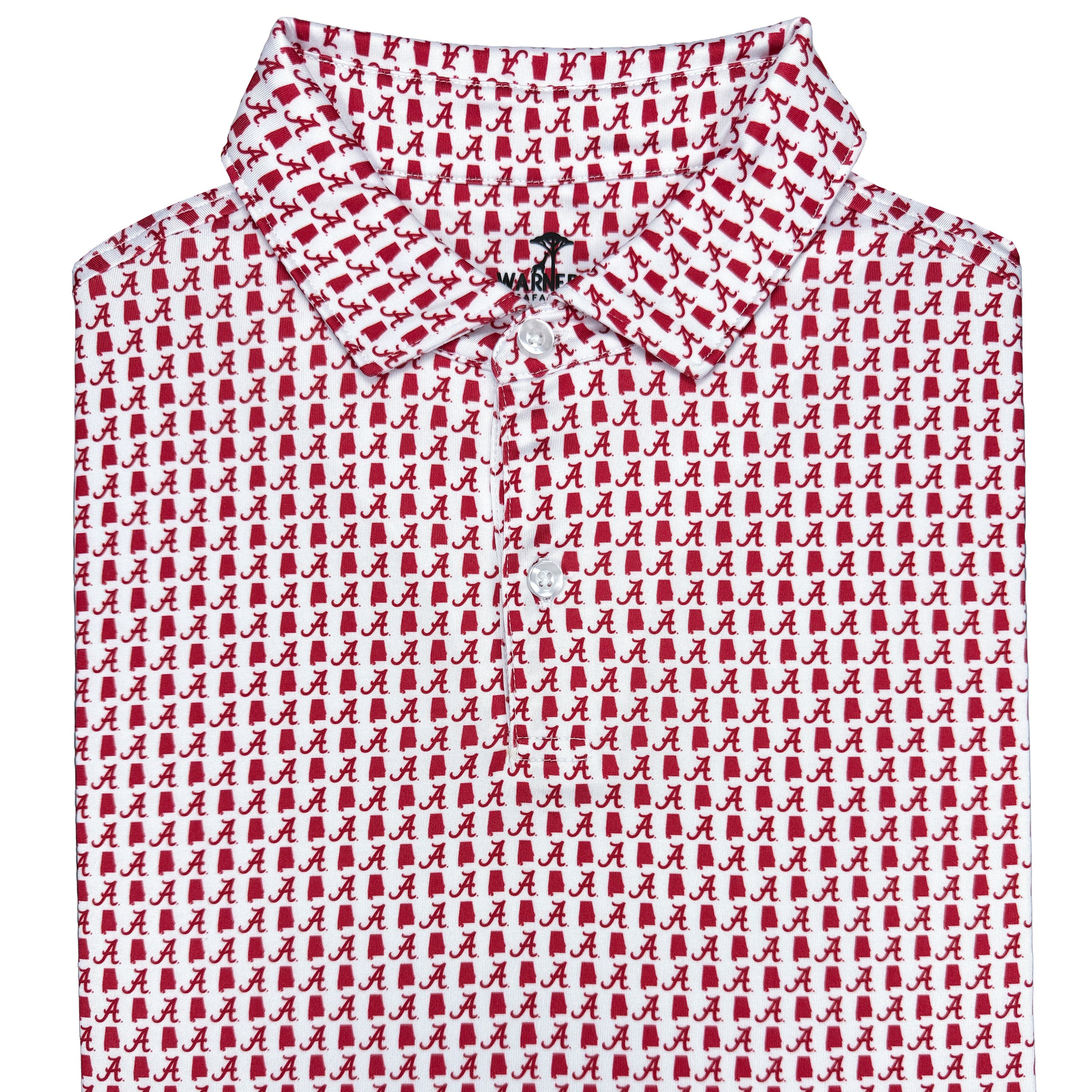 Red and white patterned shirt with a brand logo on a white background