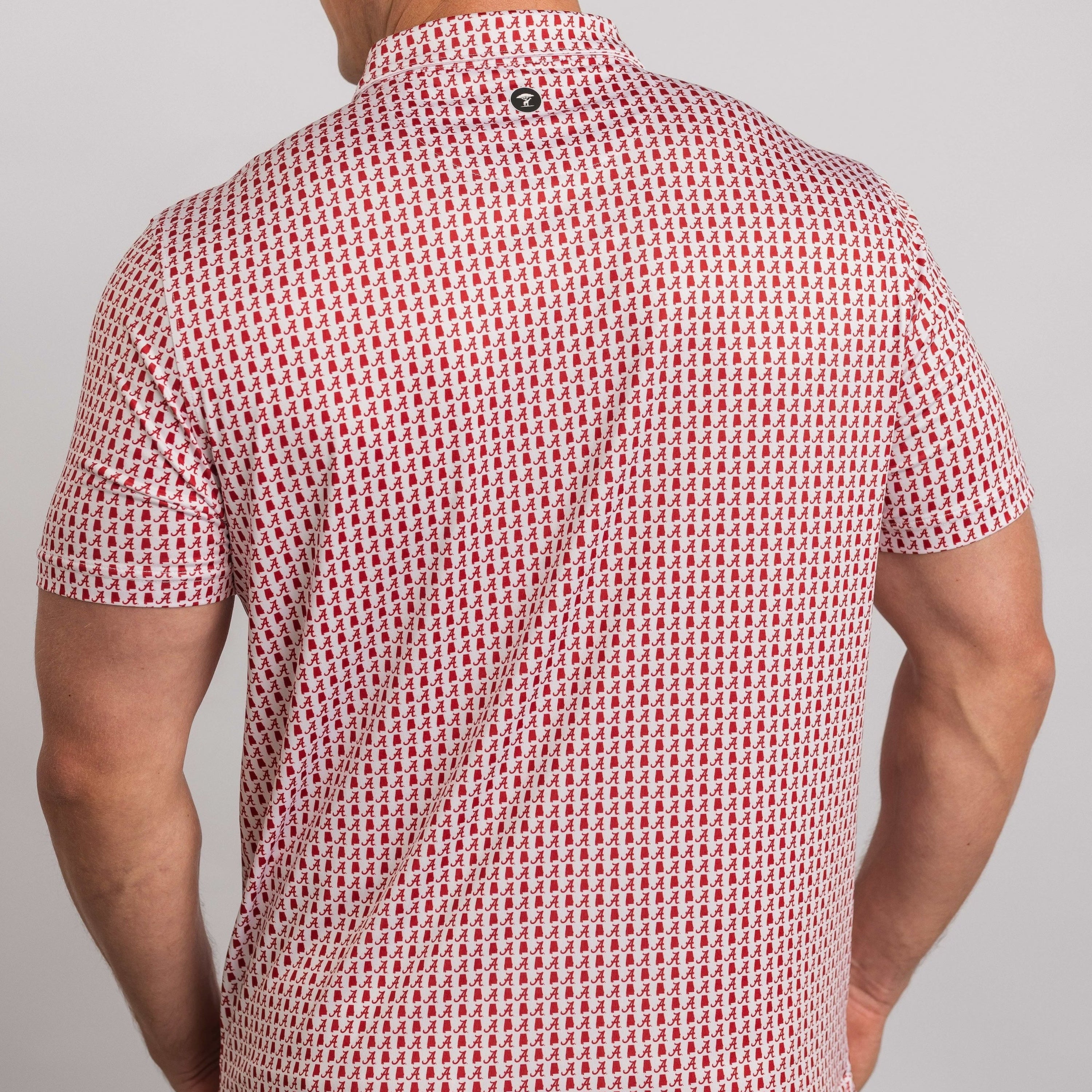 Man wearing a red and white patterned shirt on a gray background
