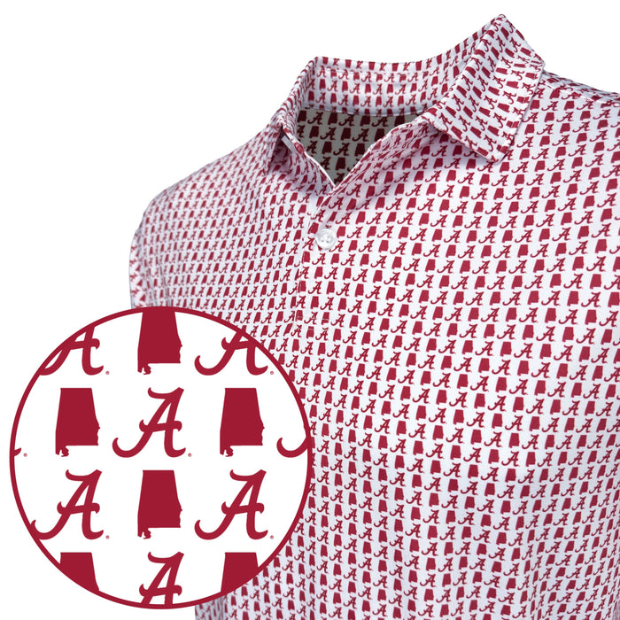 Red and white patterned shirt with a circular logo featuring 'A' symbols on a white background