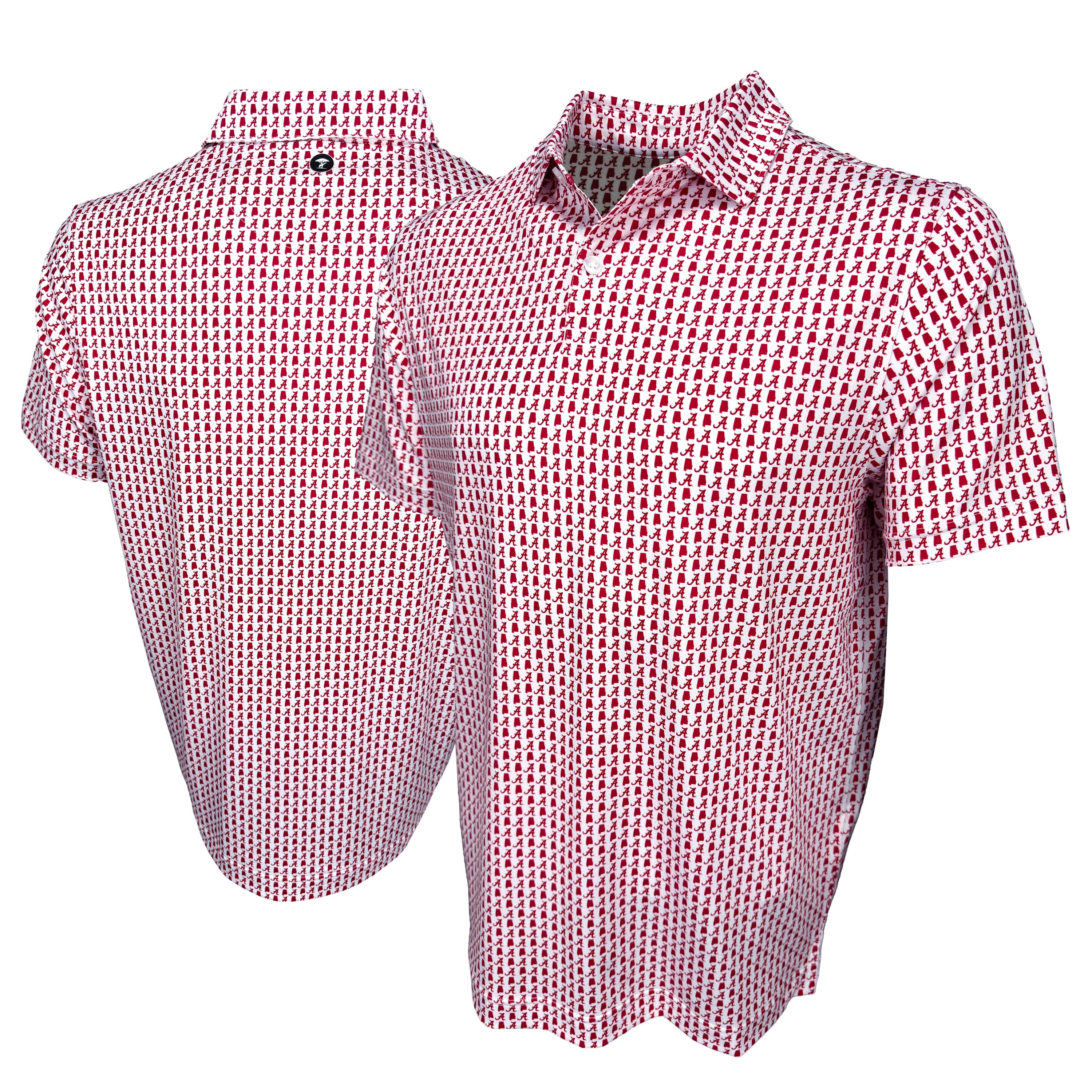 Red and white patterned short-sleeve shirt on a white background