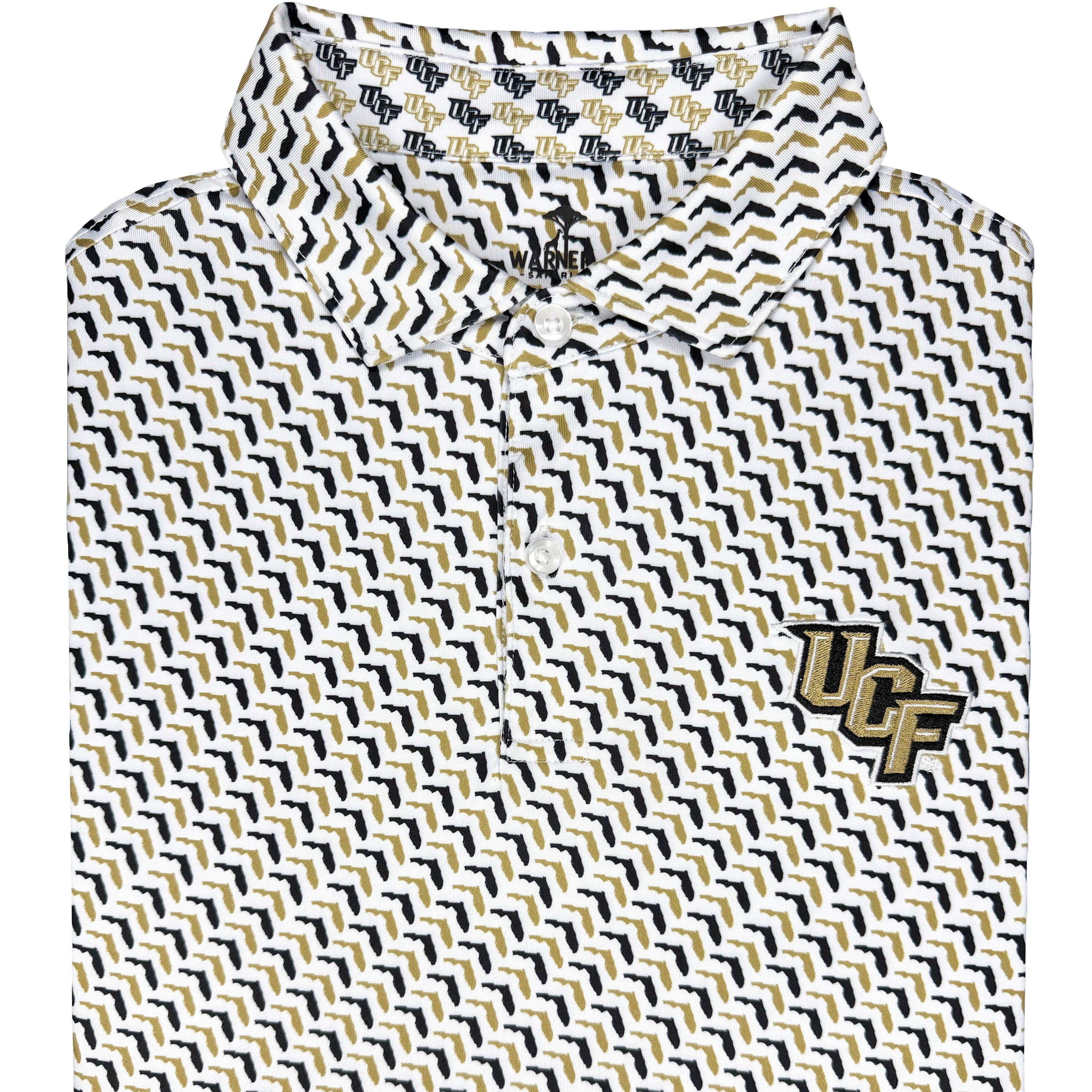 Folded polo shirt with geometric pattern and UCF logo on a white background