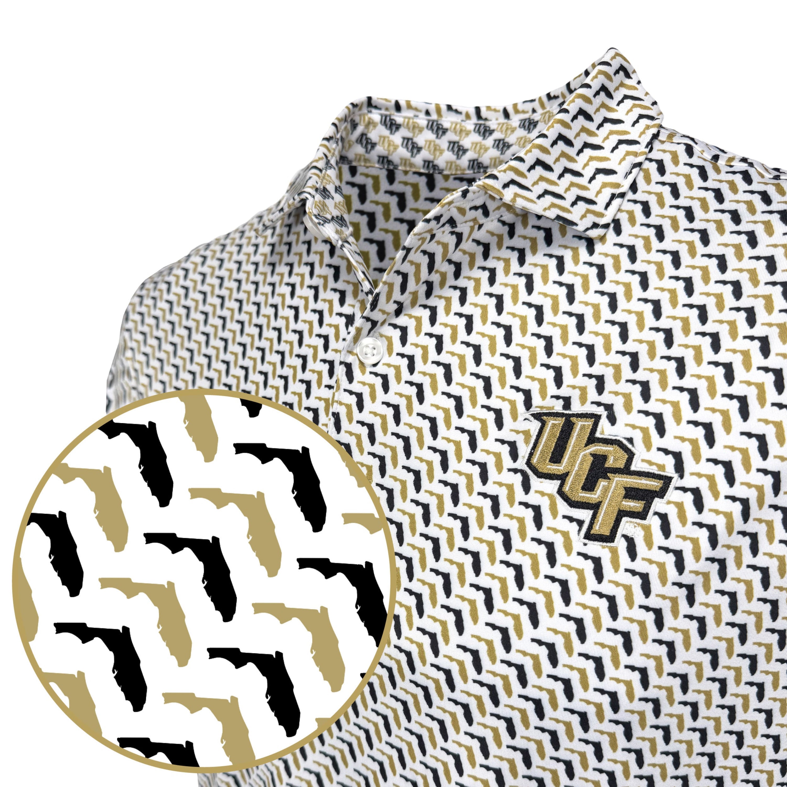 Polo with geometric pattern and 'UCF' logo on a white background