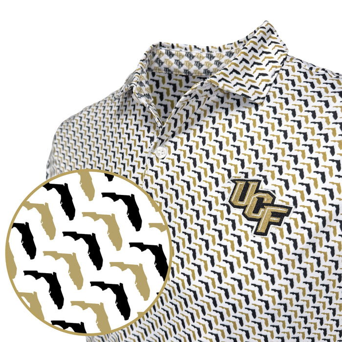 Polo with geometric pattern and 'UCF' logo on a white background