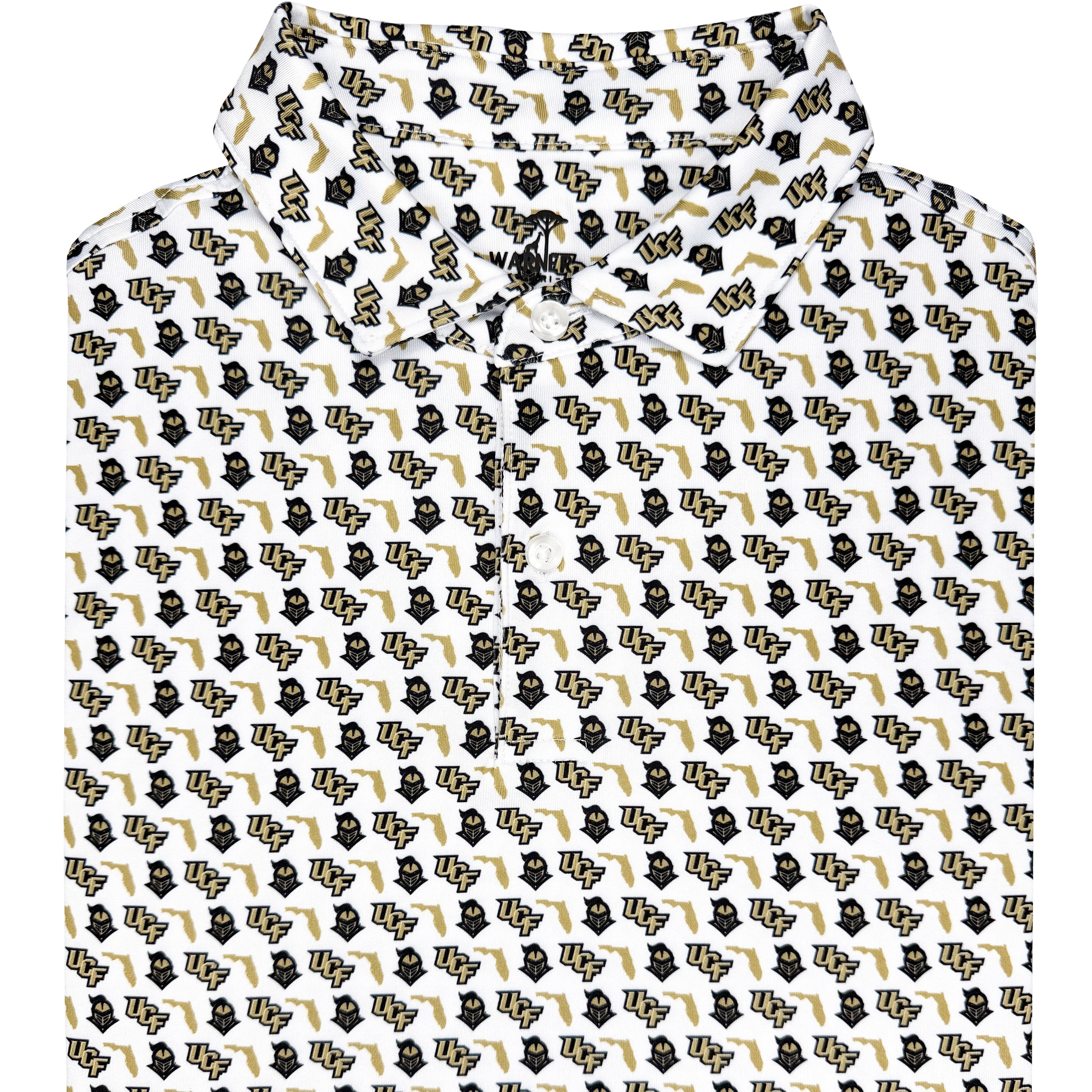 Patterned shirt with black and gold design on a white background