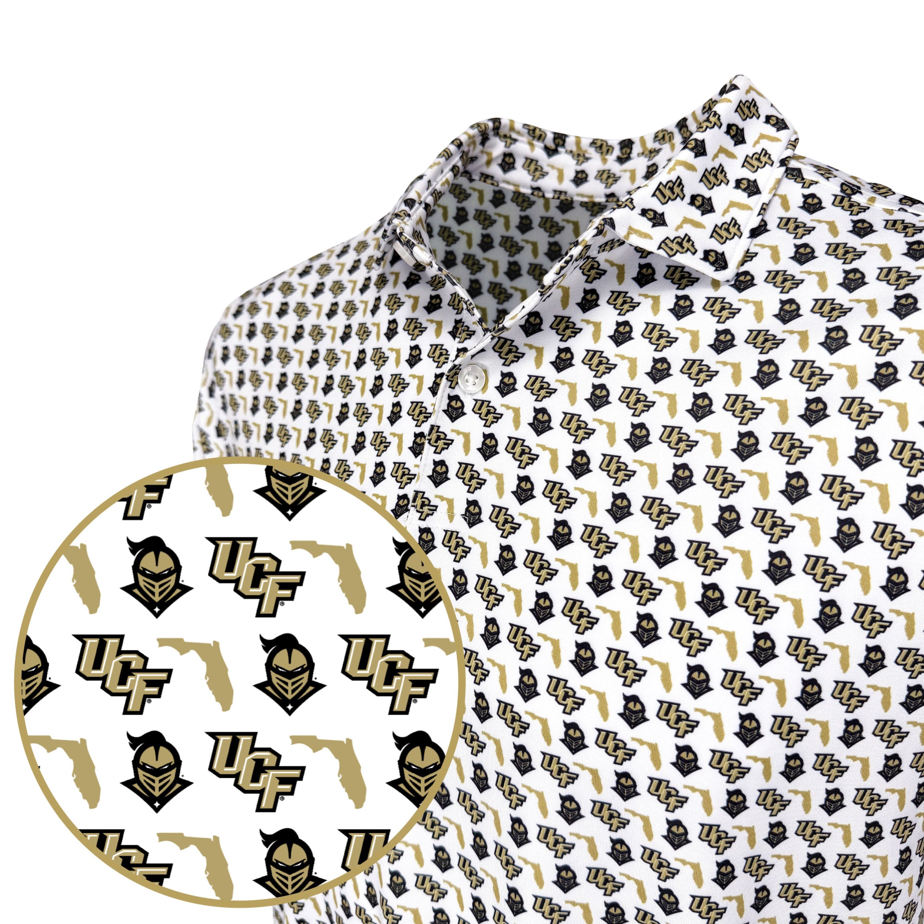 Polo with UCF logo pattern on a white background
