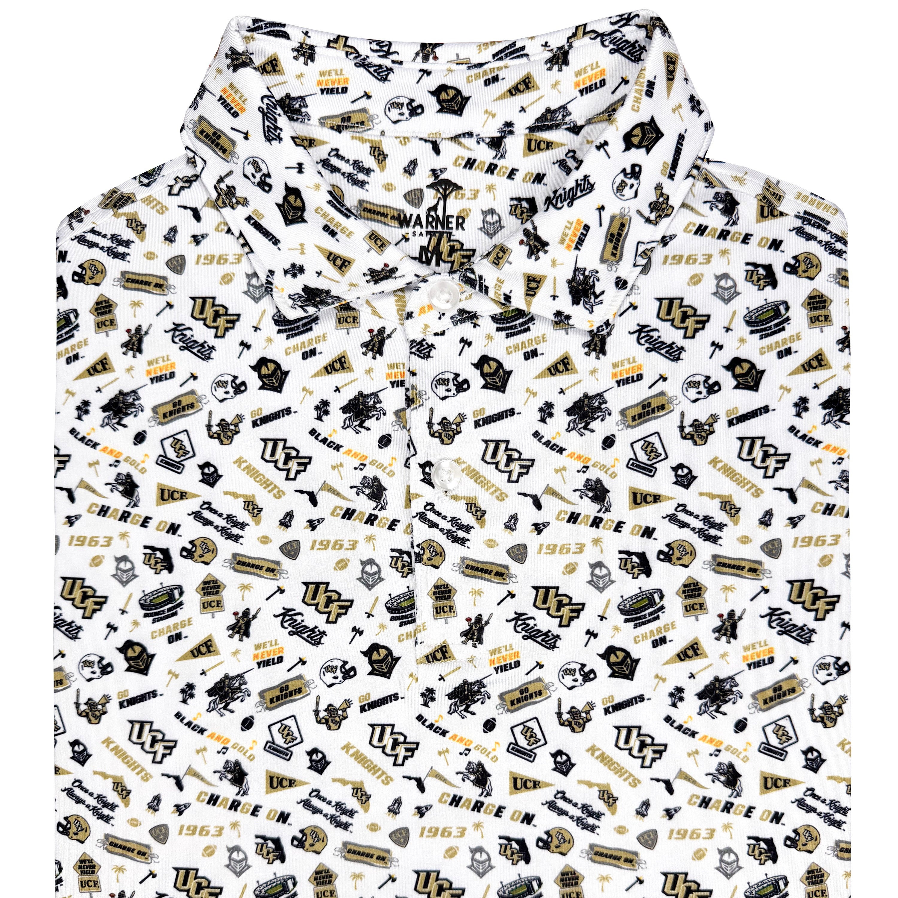 Patterned shirt with small icons and text on a white background