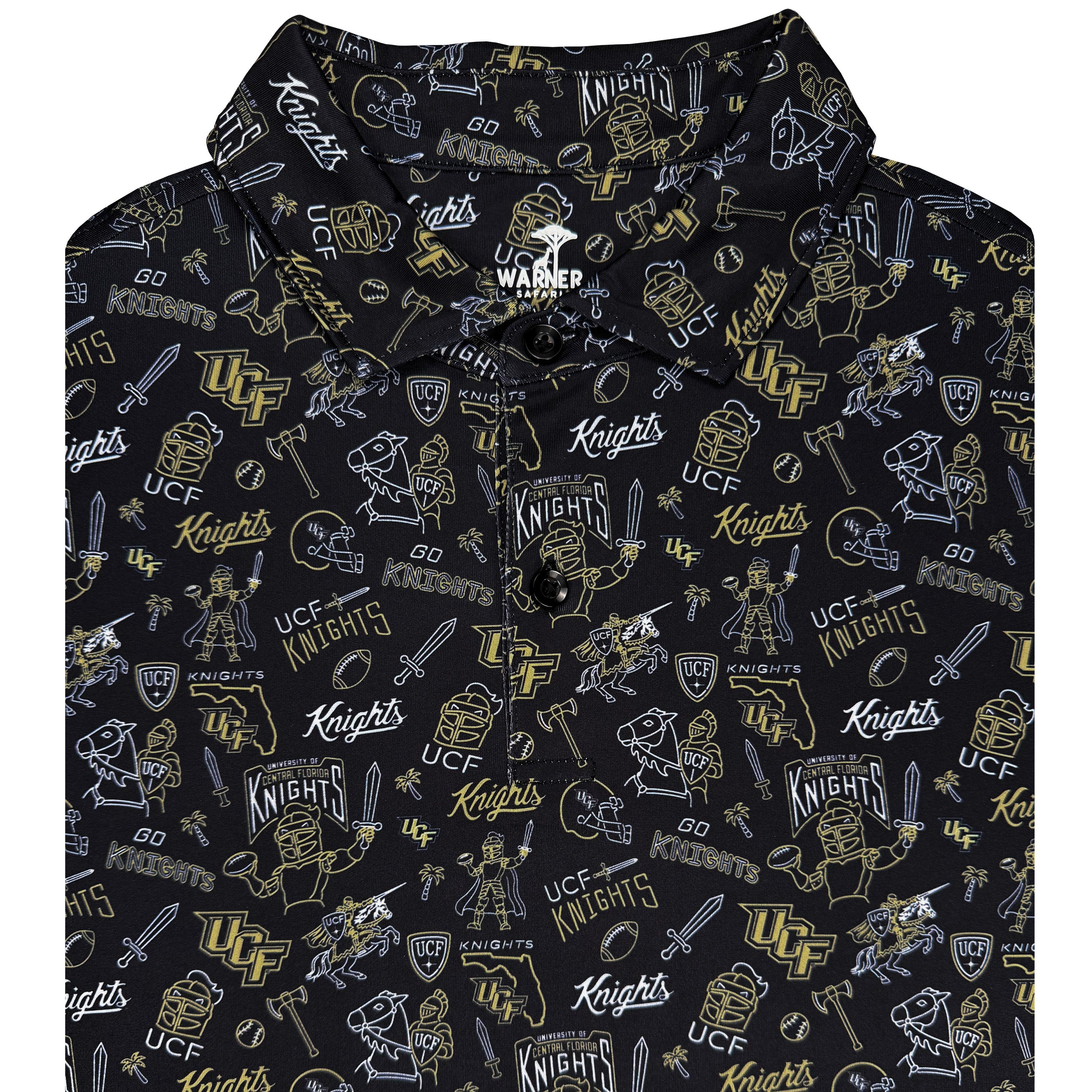 A black short-sleeve polo shirt with an all-over UCF Knights graphic print in white and gold, featuring logos, helmets, and mascot illustrations.