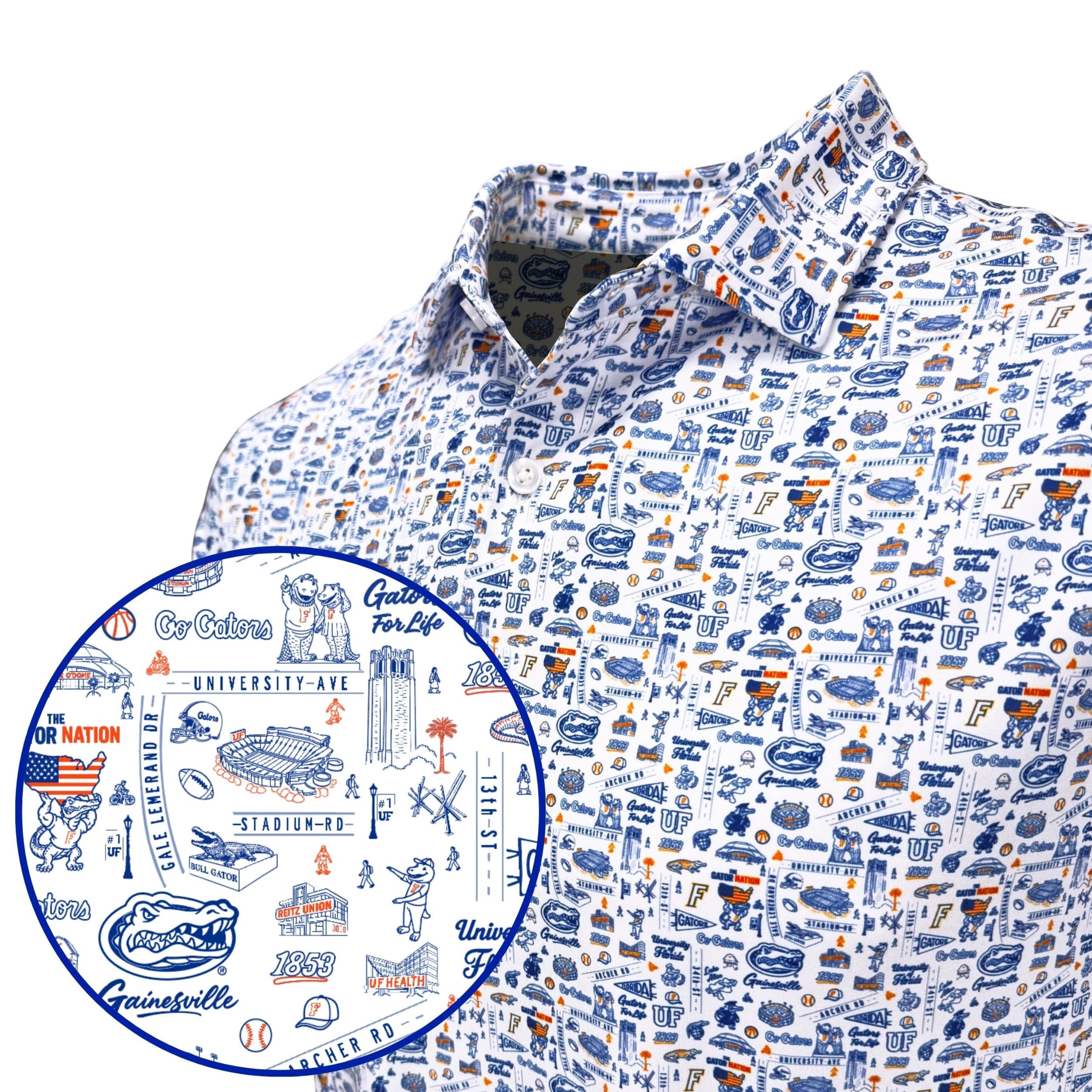 Patterned shirt with a close-up of a logo on a white background