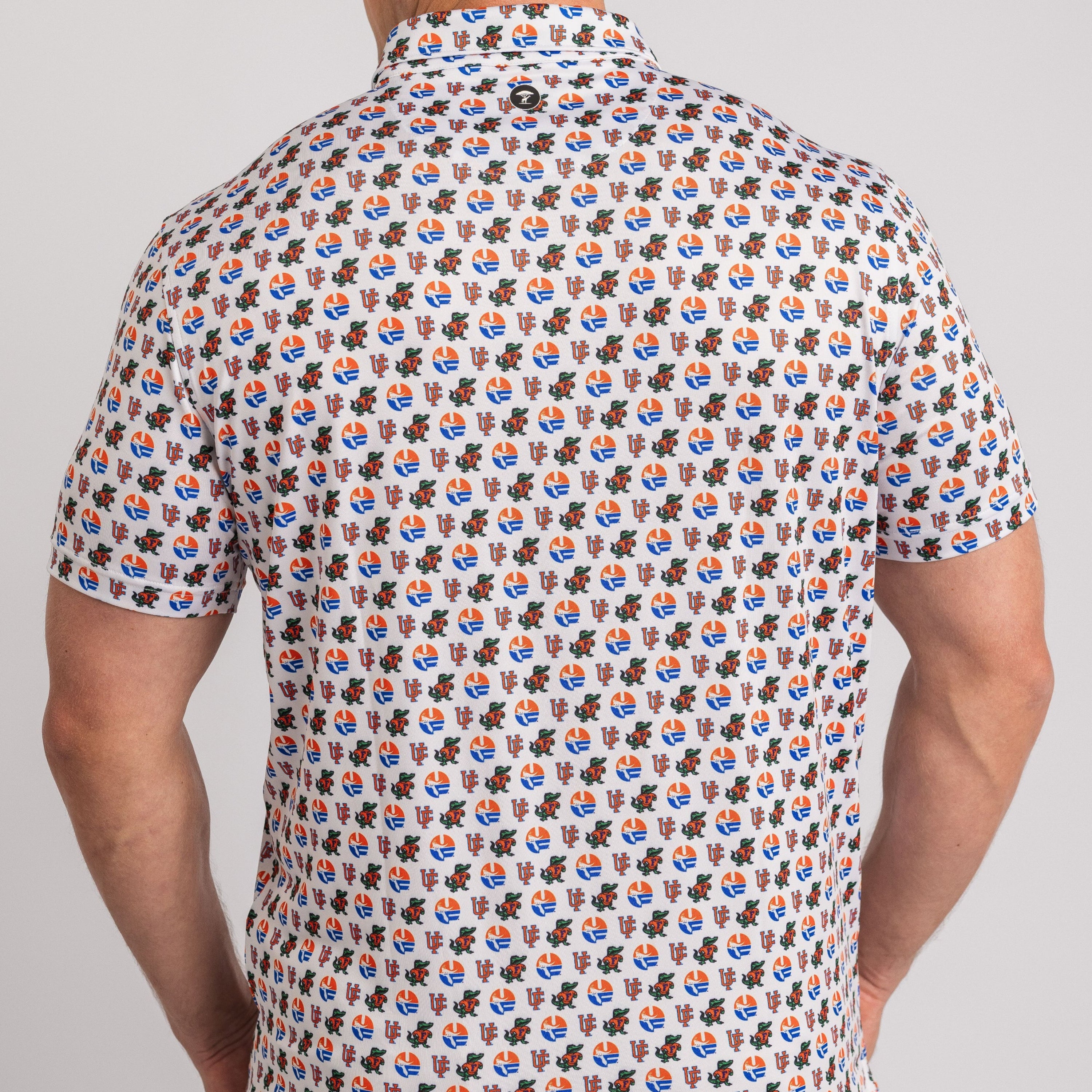 Man wearing a patterned shirt with a white background