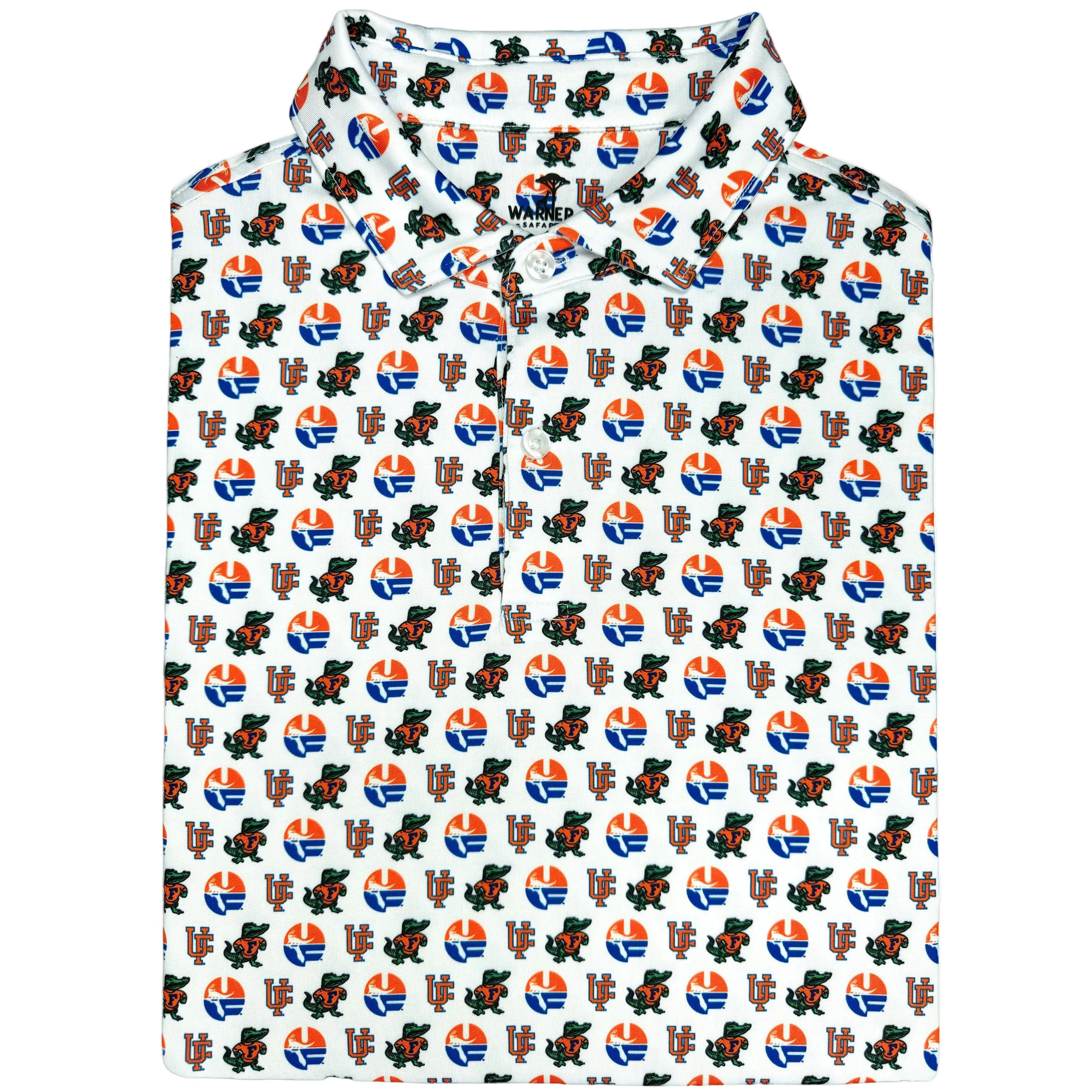 Shirt with a pattern of logos and characters on a white background