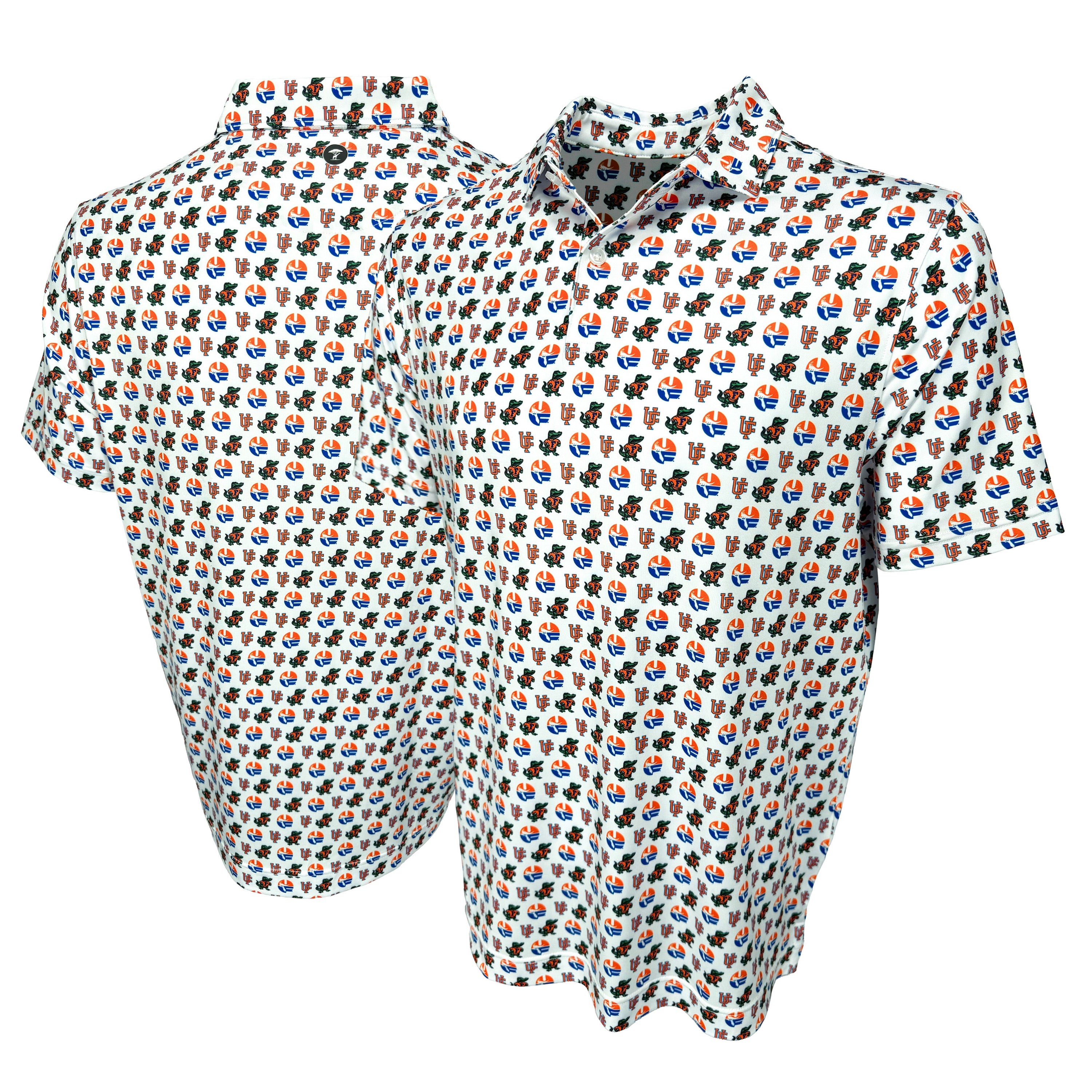 Two long-sleeve shirts with a colorful pattern on a white background