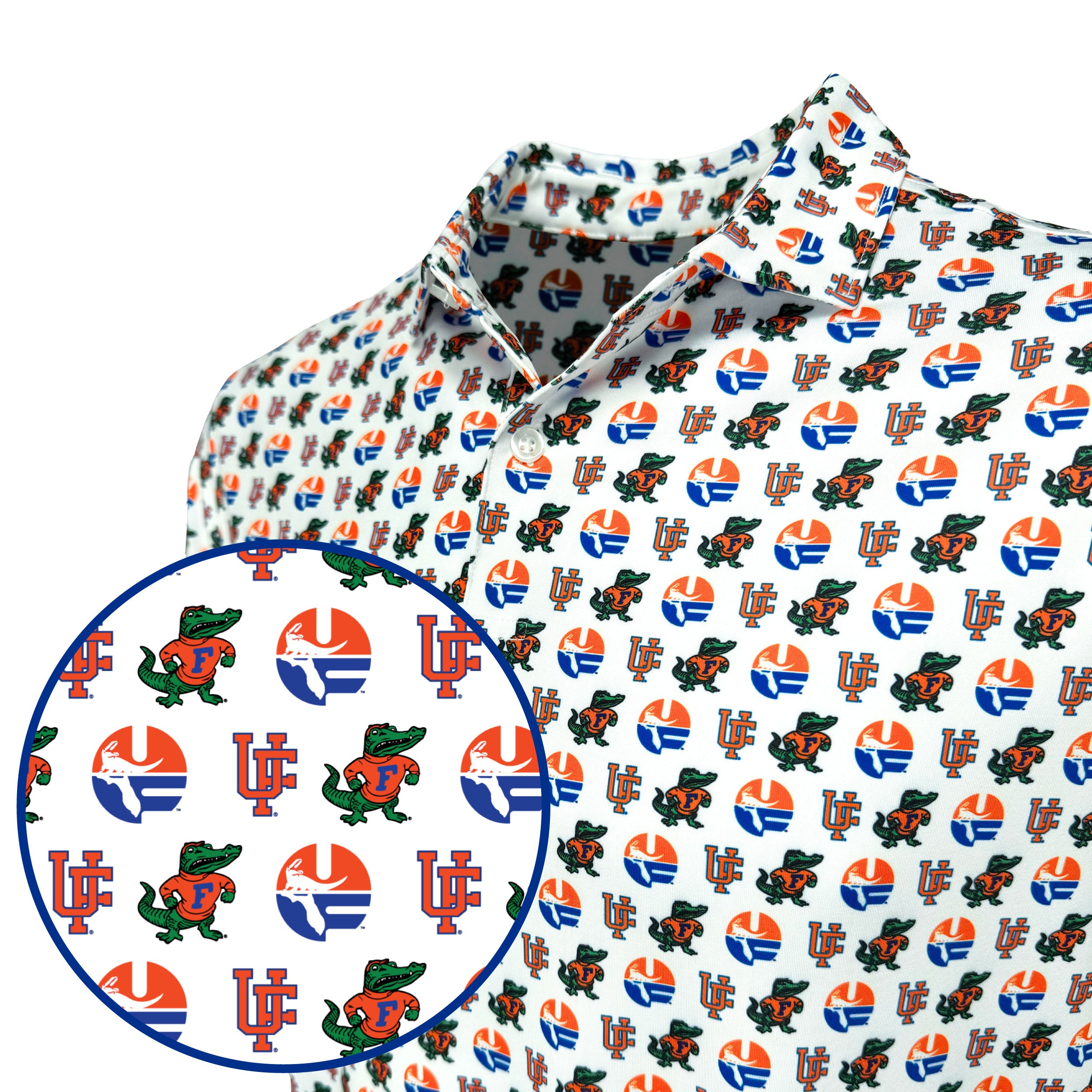 Patterned fabric with logos and characters on a white background