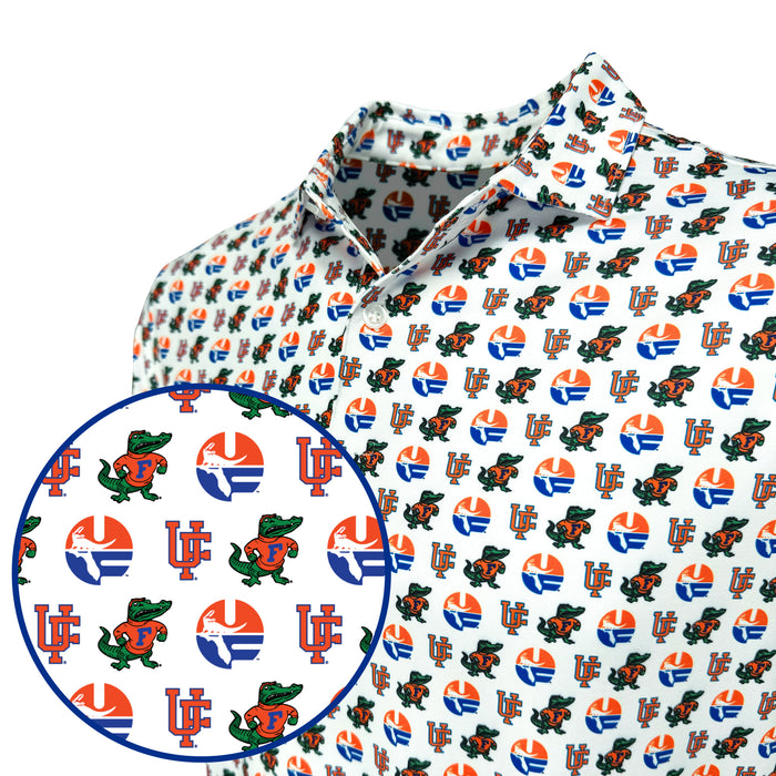 Patterned fabric with logos and characters on a white background