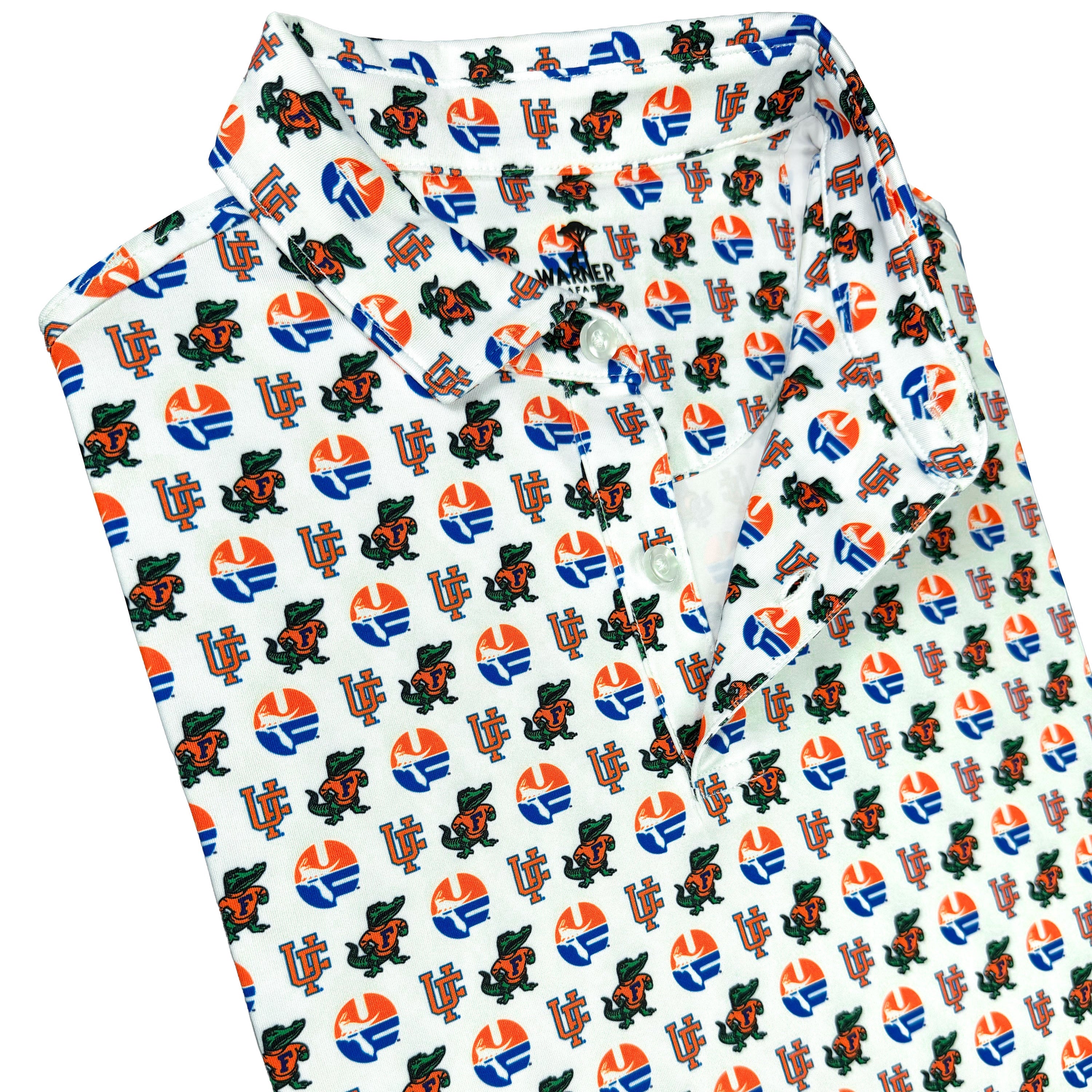 White polo with bright logos and characters on a white background