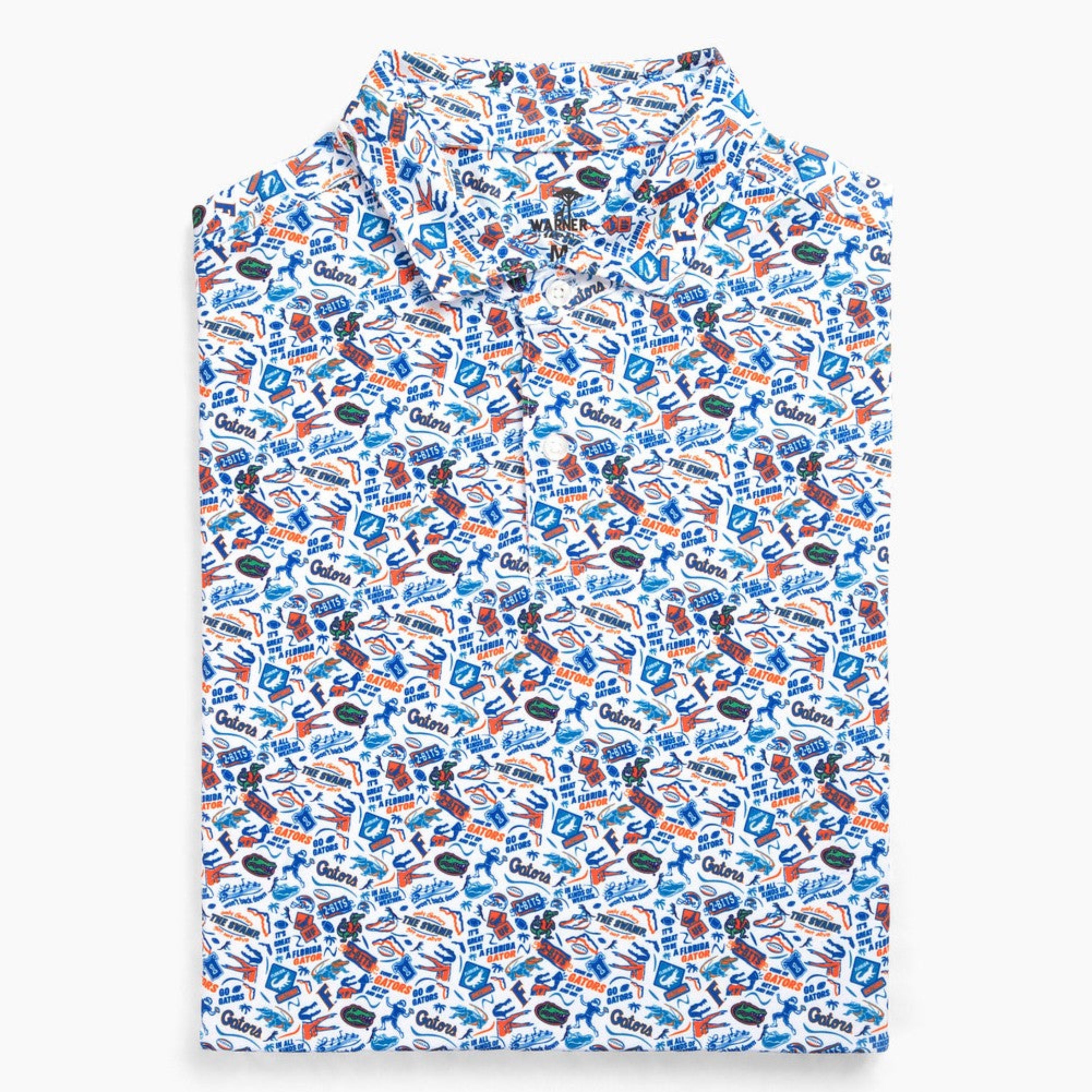 A short-sleeve button-up shirt with a white base and an all-over collegiate sports logo print featuring blue, orange, and black details, displayed flat against a light gray background.