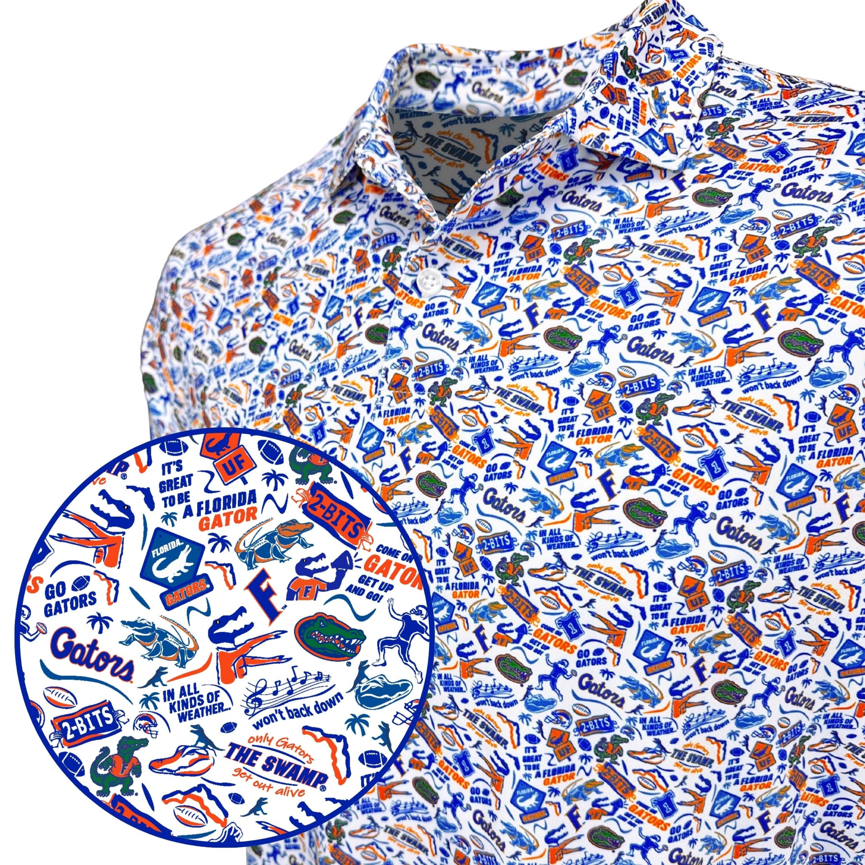 A white short-sleeve button-up shirt with an all-over Florida Gators-themed print, featuring blue and orange graphics, a circular inset showing a close-up of the pattern, and a clean white background.