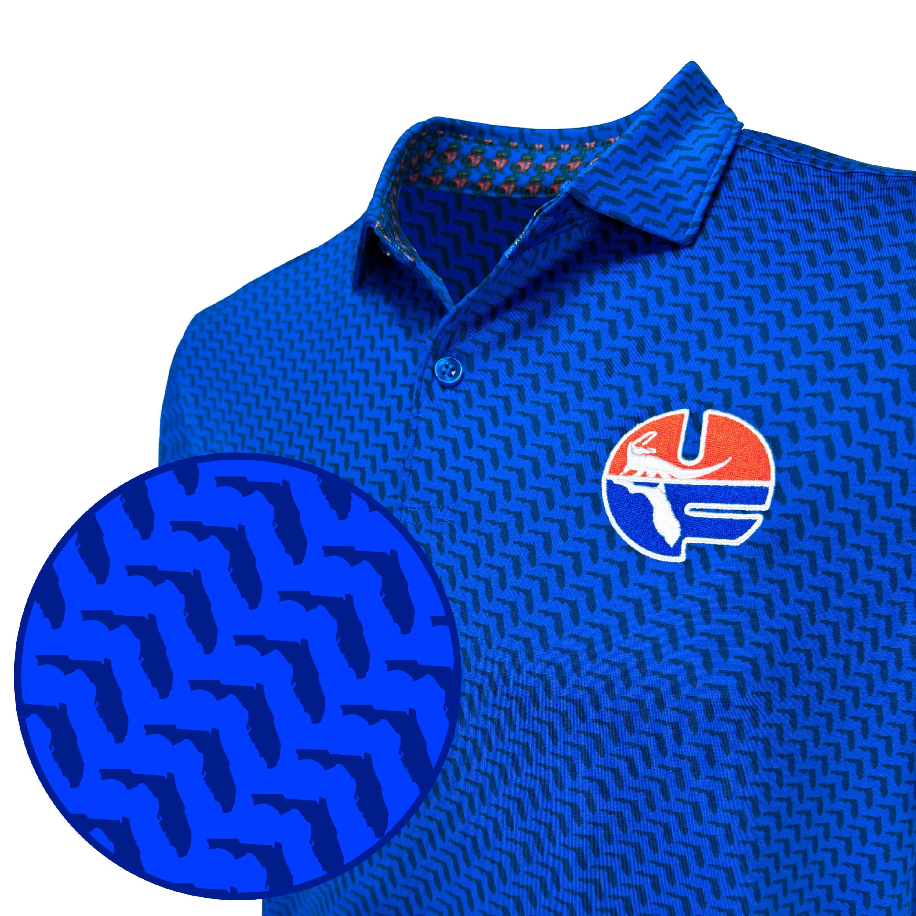 Blue patterned polo shirt with a logo on a white background