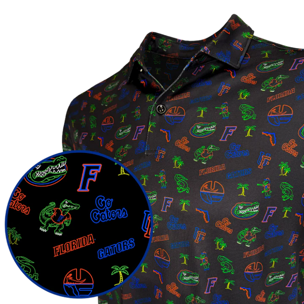 Black polo shirt with colorful Florida Gators pattern on a white background