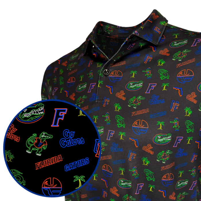 Black polo shirt with colorful Florida Gators pattern on a white background