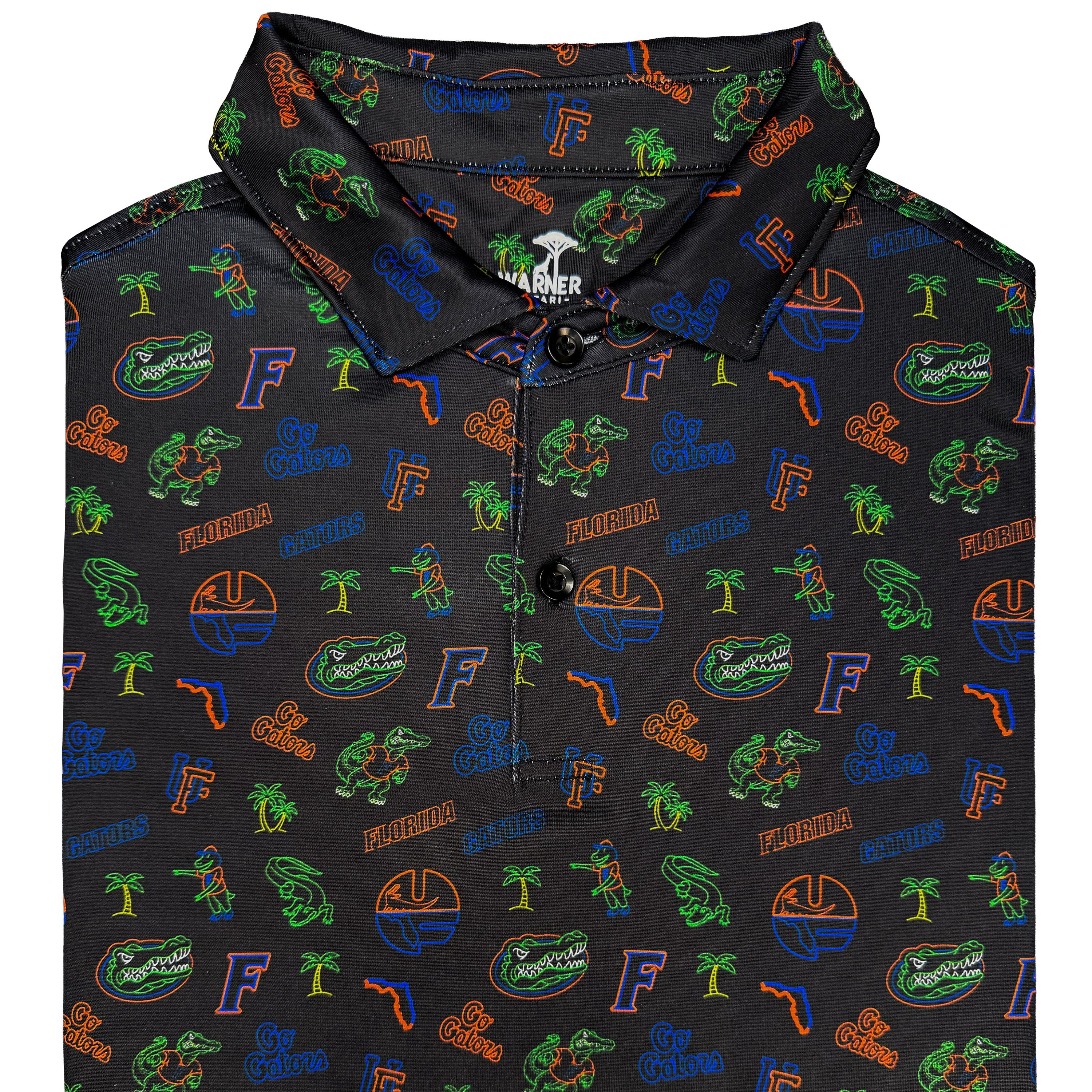 Black polo shirt with colorful graphics and text on a white background