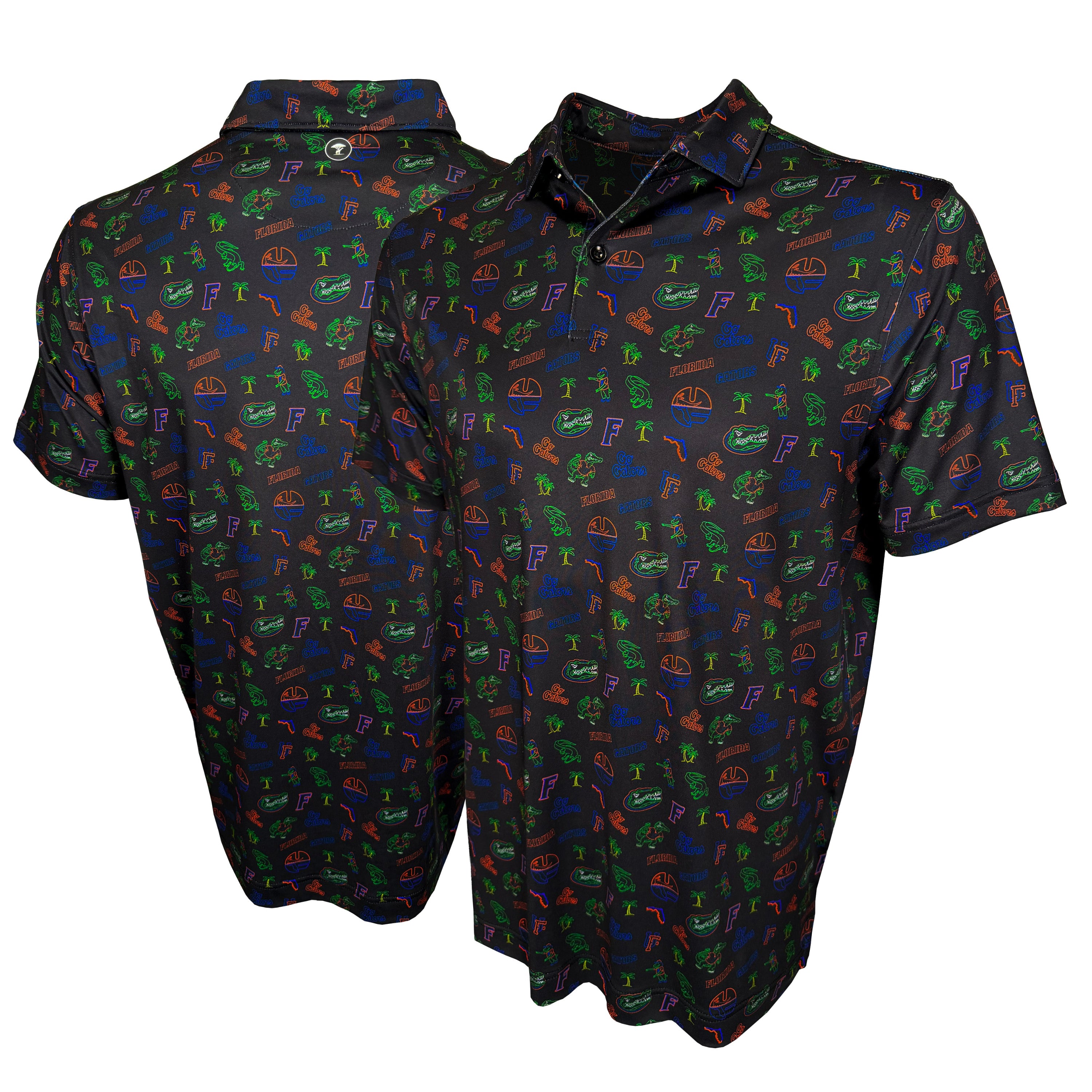 Black polo shirt with colorful pattern on a white background