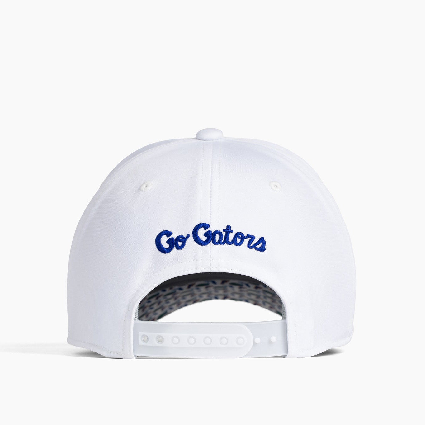 White baseball cap shown from the back, featuring 'Go Gators' embroidered in blue on the back panel and a gray textured mesh under the snapback closure.