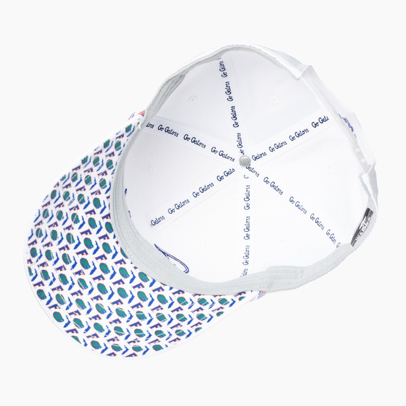 A white baseball cap shown from an overhead angle, featuring a white interior printed with "Go Gators" repeatedly and a patterned brim in blue, green, and white.
