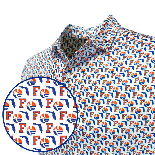 Patterned shirt with a close-up of a Florida-themed design on a white background