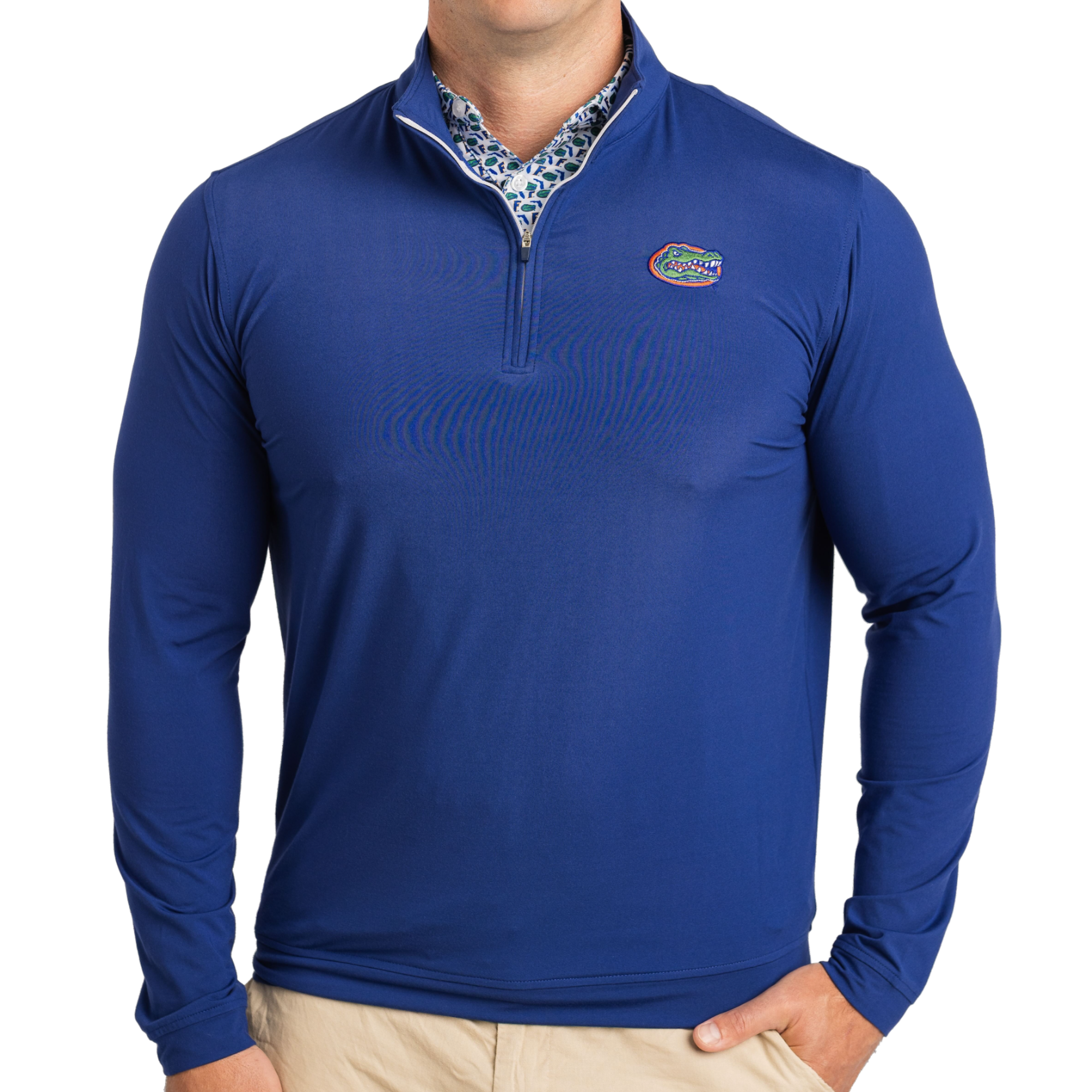 Blue long-sleeve shirt with a logo on a white background